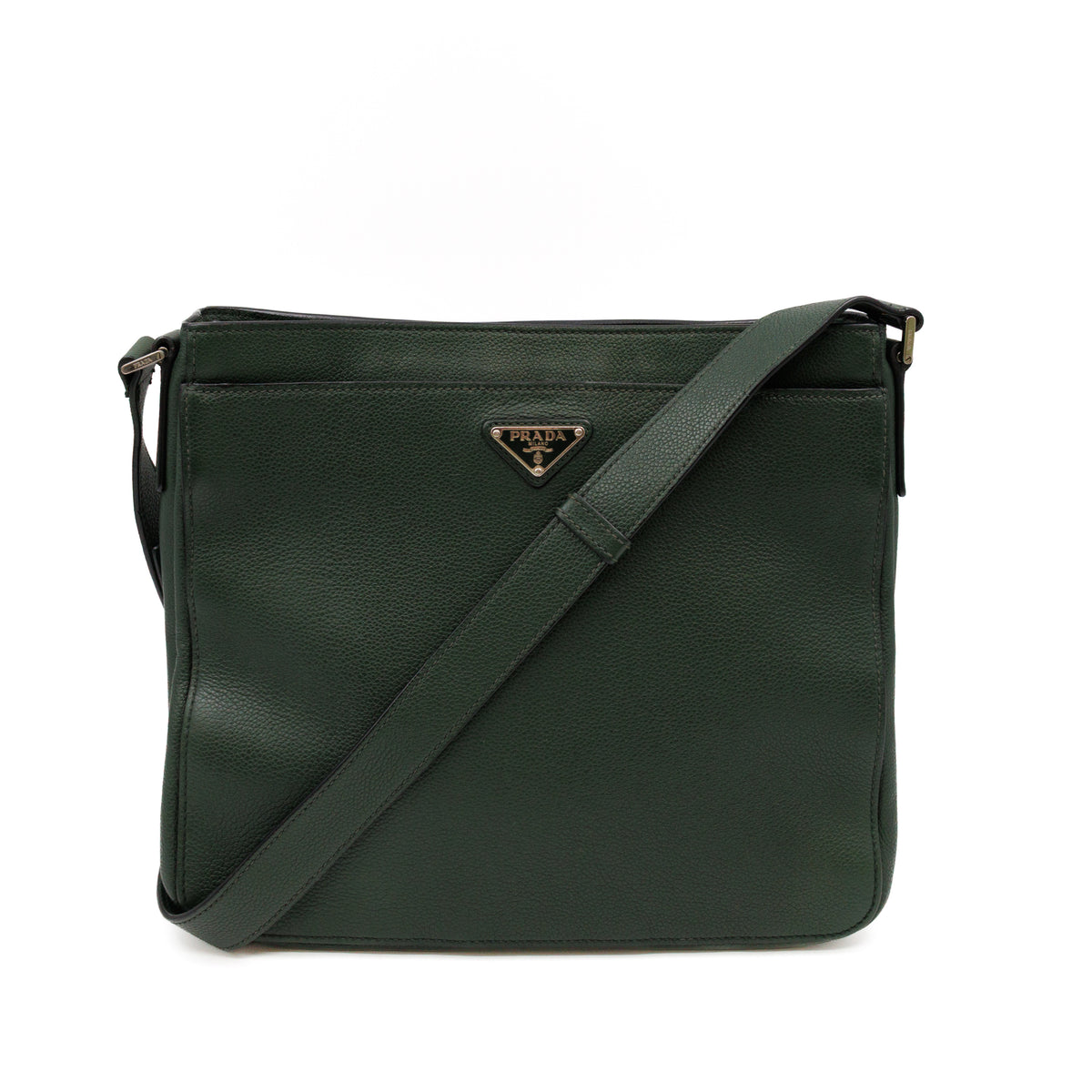 Flat Pocket Messenger Bag Dark Green Leather