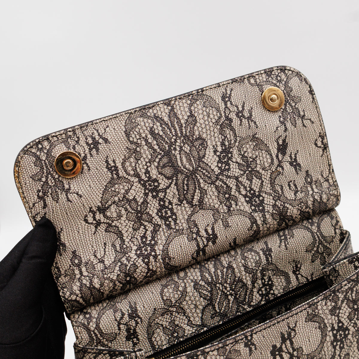 Sicily Large Beige Black Lace Print Leather