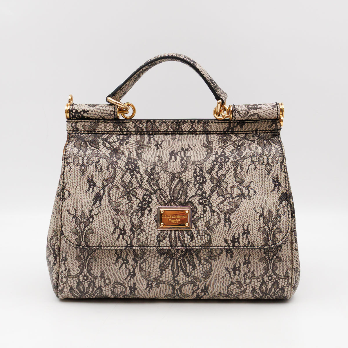 Sicily Large Beige Black Lace Print Leather