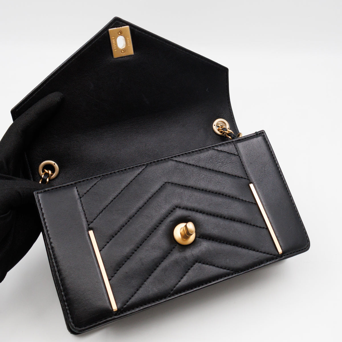 Reversed Chevron Flap Bag Black Quilted Lambskin Leather