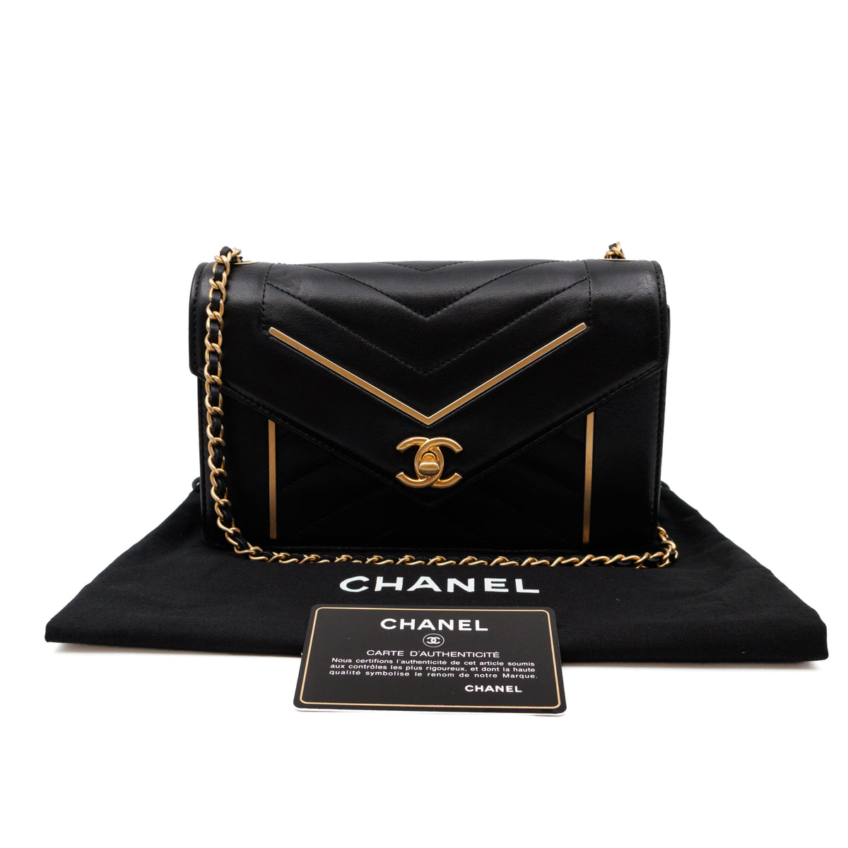 Reversed Chevron Flap Bag Black Quilted Lambskin Leather