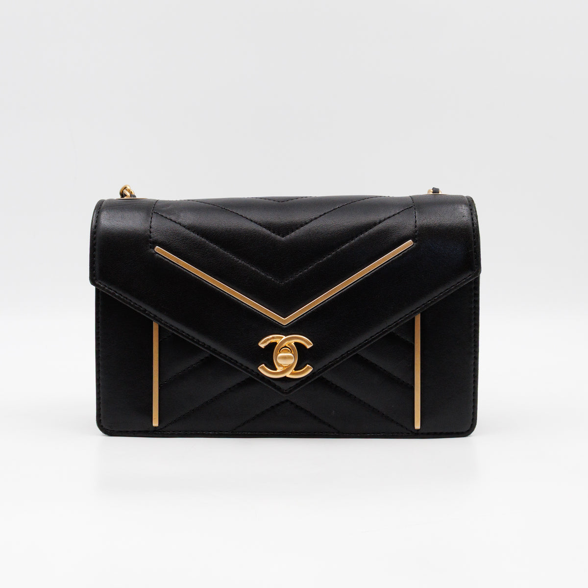 Reversed Chevron Flap Bag Black Quilted Lambskin Leather