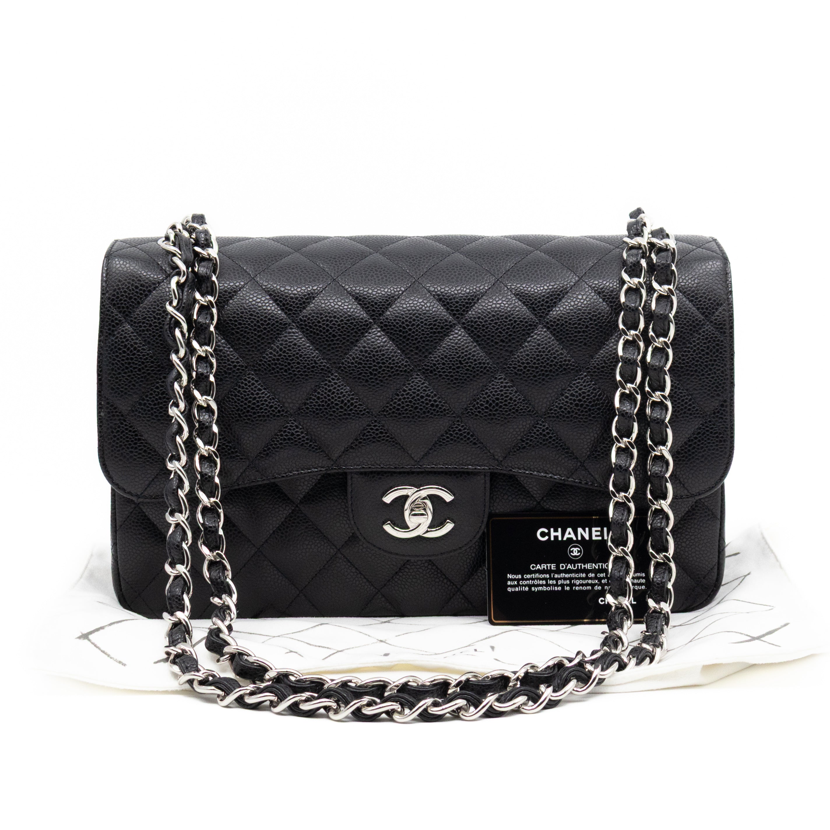 Classic Double Flap Jumbo Black Caviarskin Leather Silver