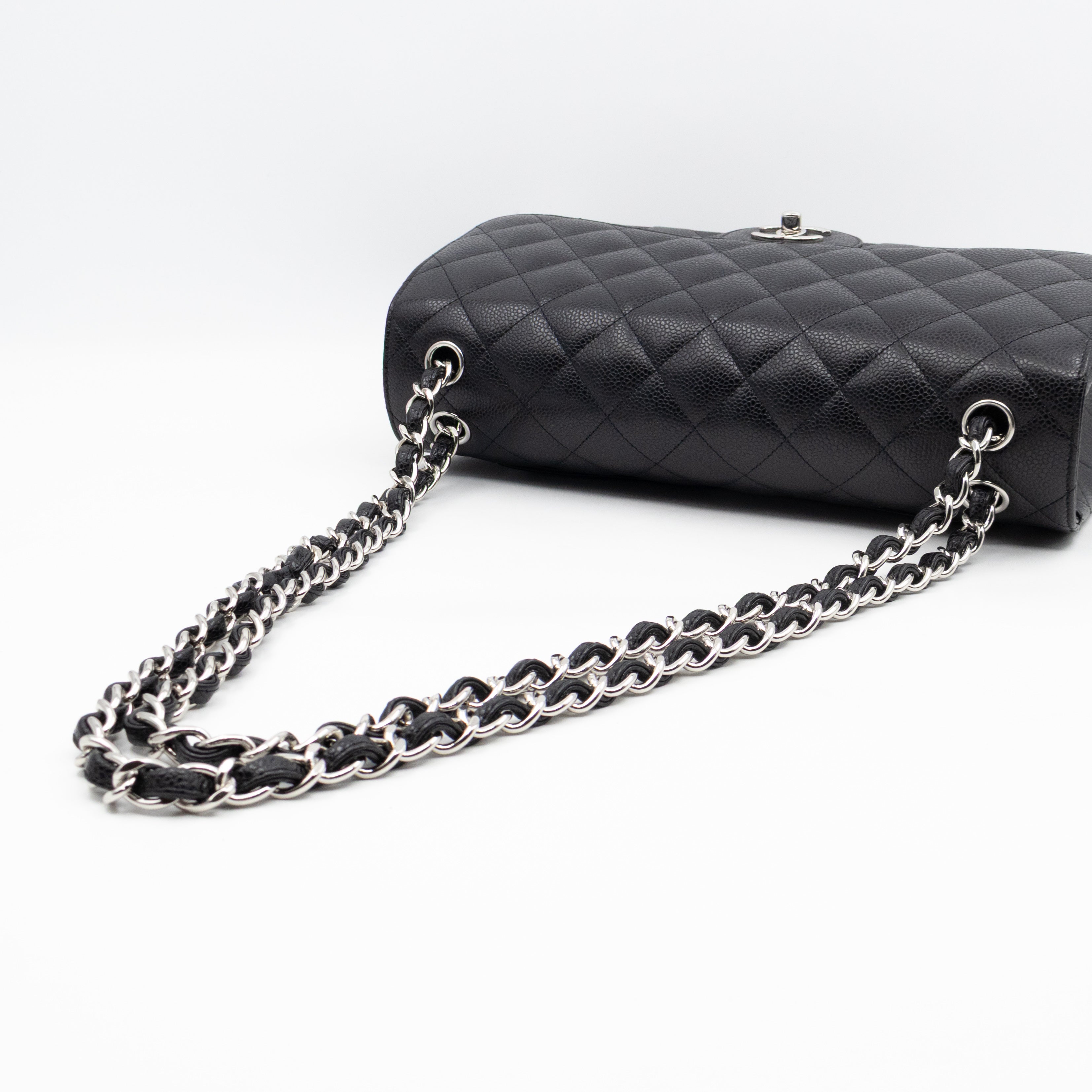Classic Double Flap Jumbo Black Caviarskin Leather Silver