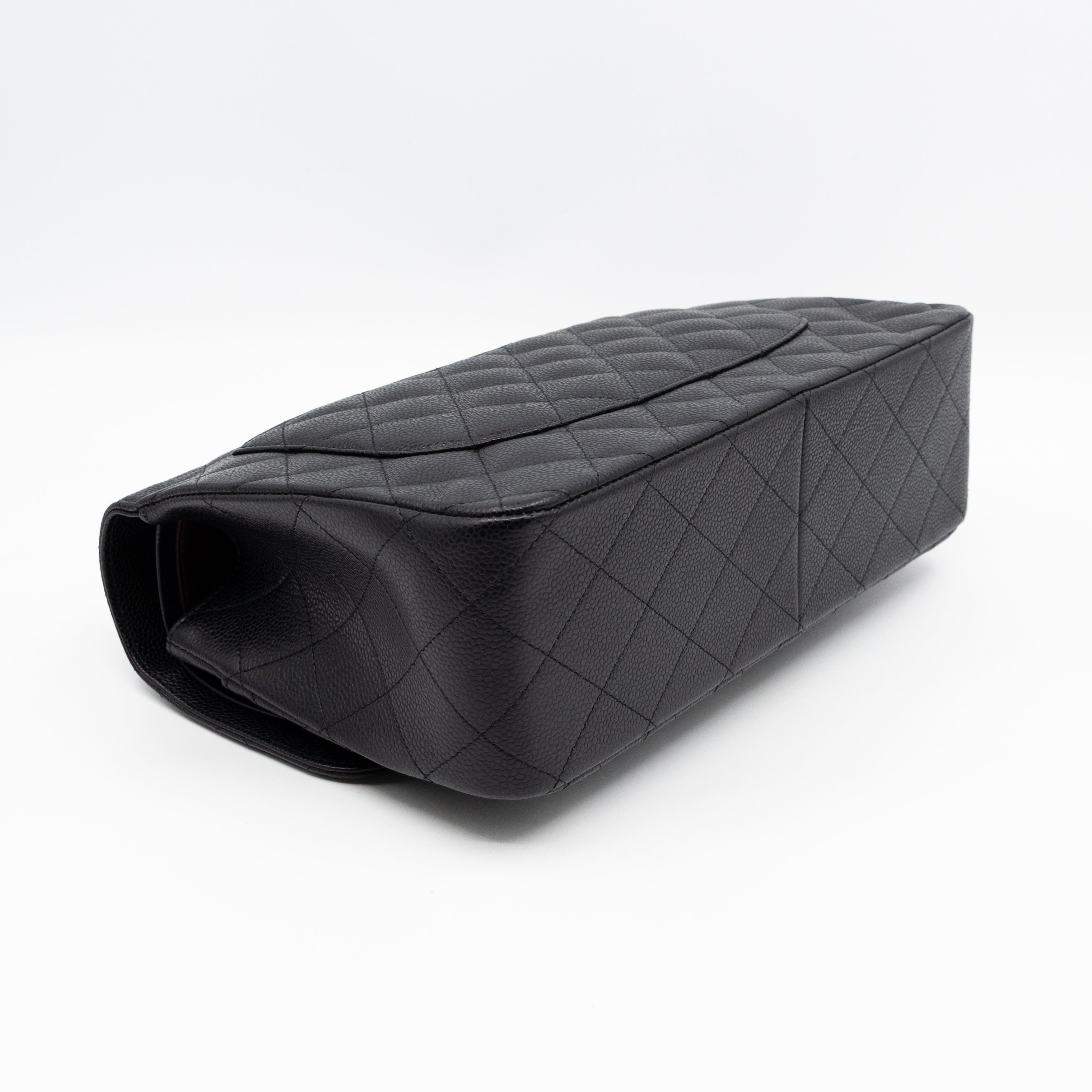 Classic Double Flap Jumbo Black Caviarskin Leather Silver