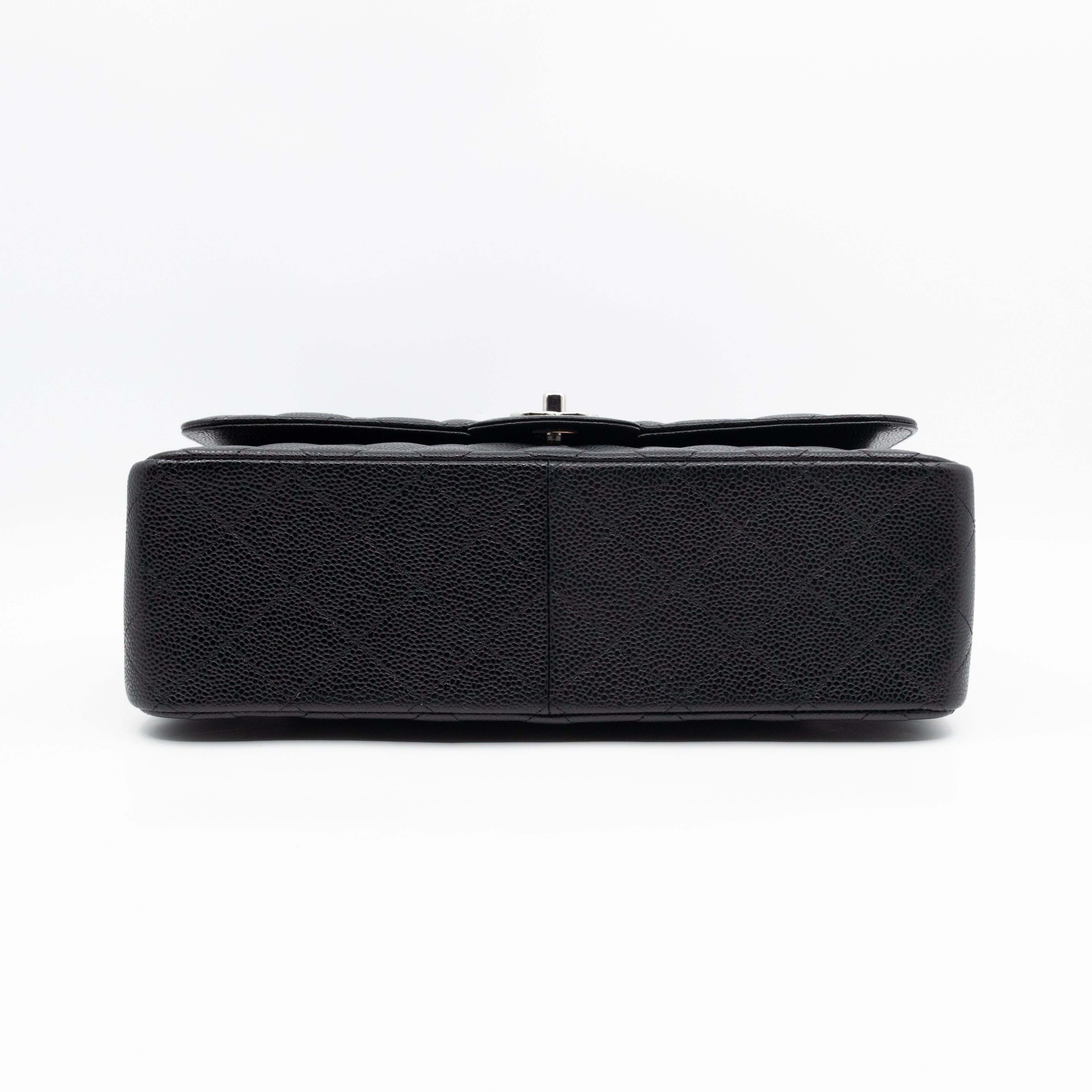 Classic Double Flap Jumbo Black Caviarskin Leather Silver