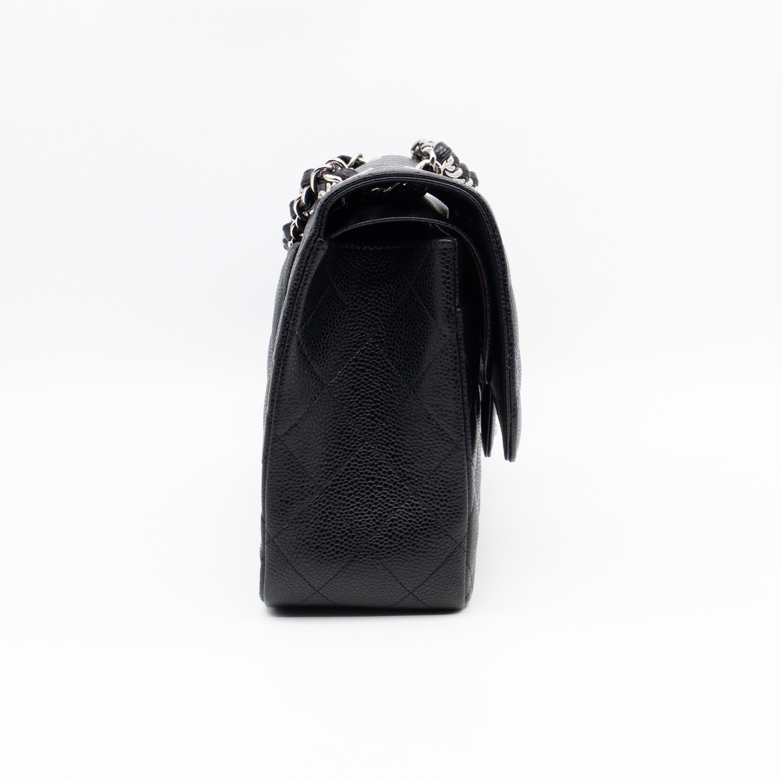 Classic Double Flap Jumbo Black Caviarskin Leather Silver