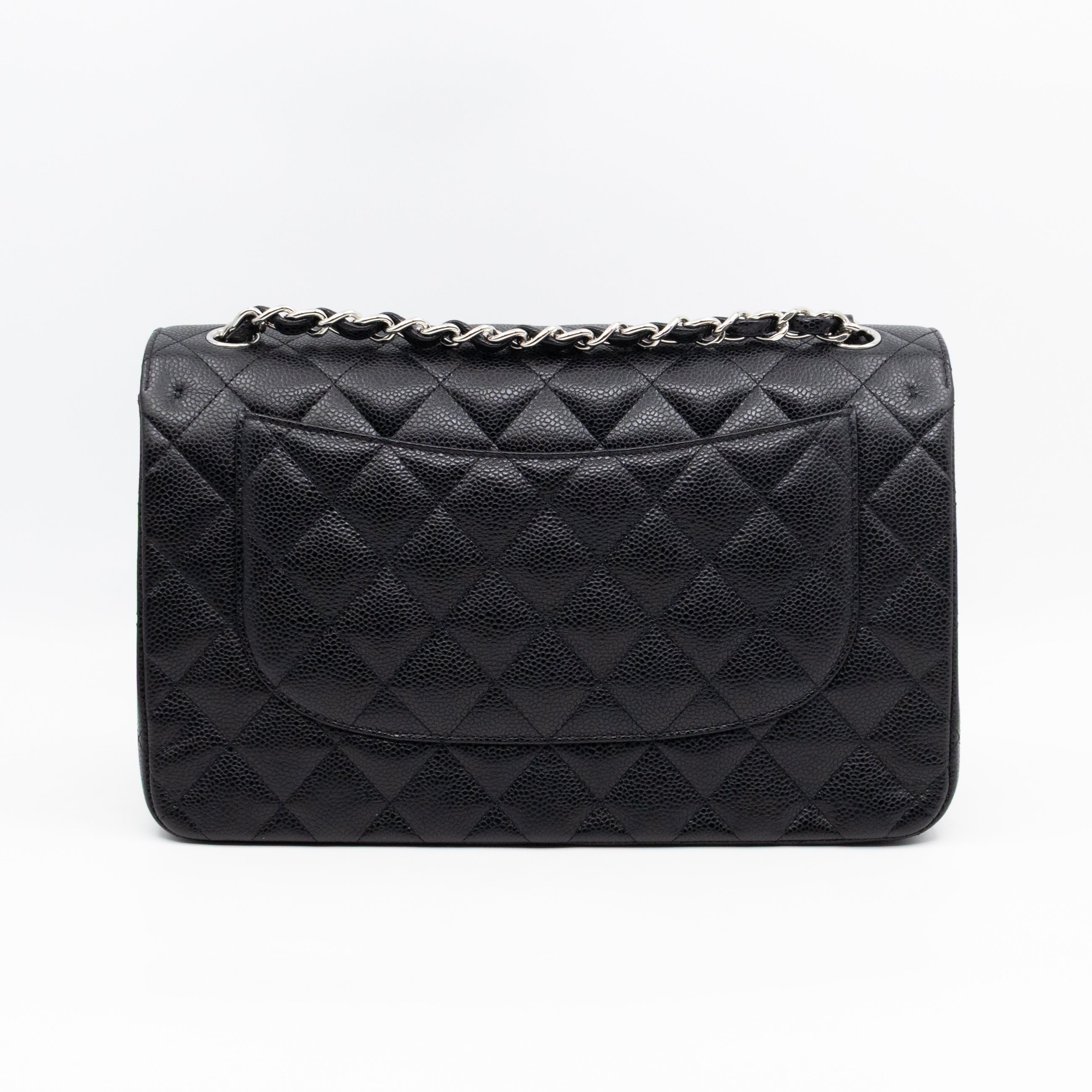 Classic Double Flap Jumbo Black Caviarskin Leather Silver