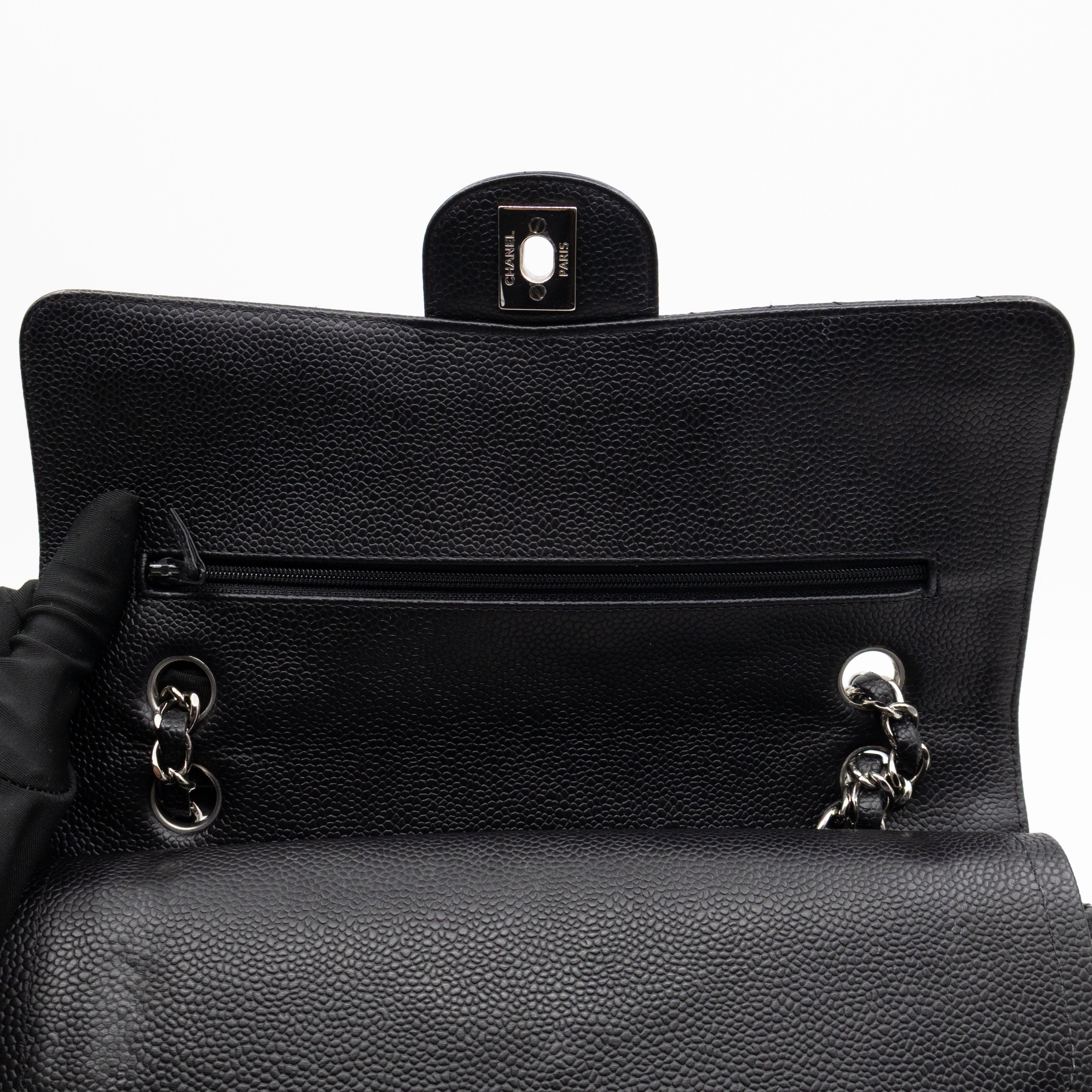 Classic Double Flap Medium Black Caviar Leather Silver