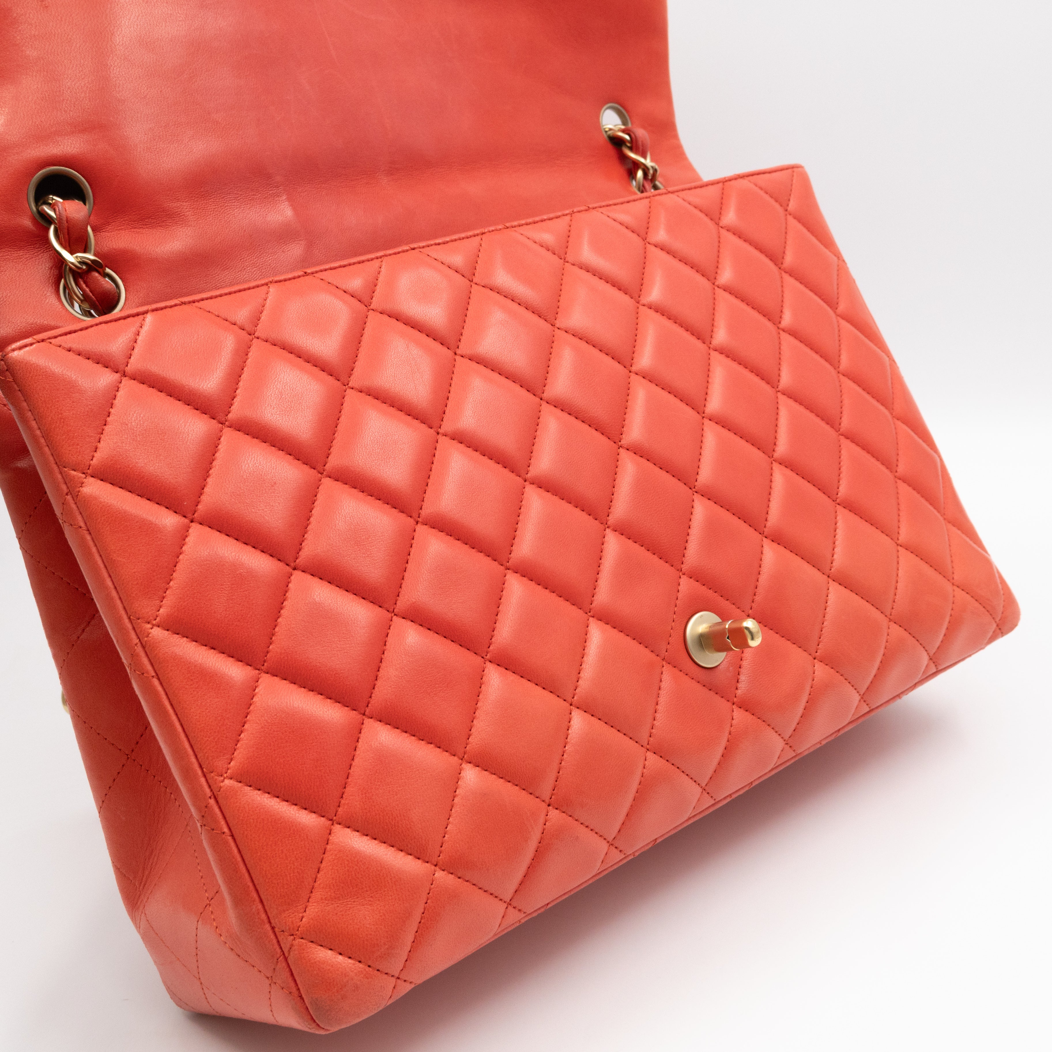 Classic Single Flap Maxi Orange Lambskin Leather