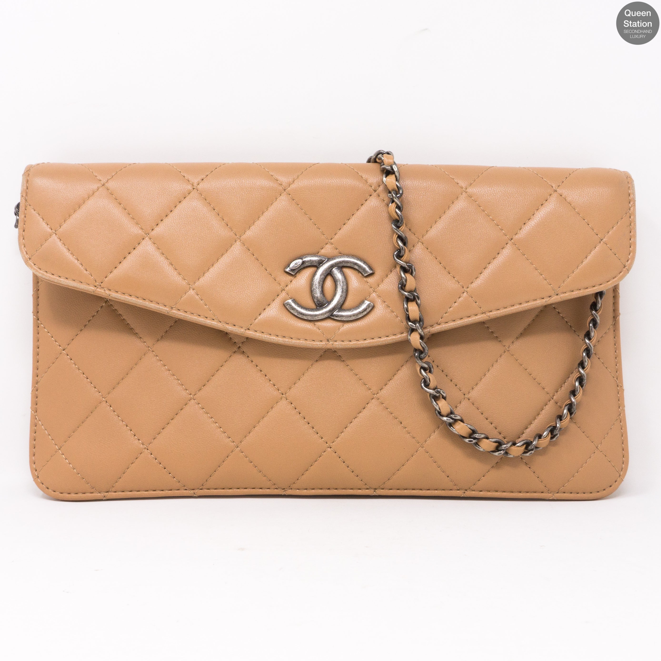 Beige Quilted Tote Bag With Pouch