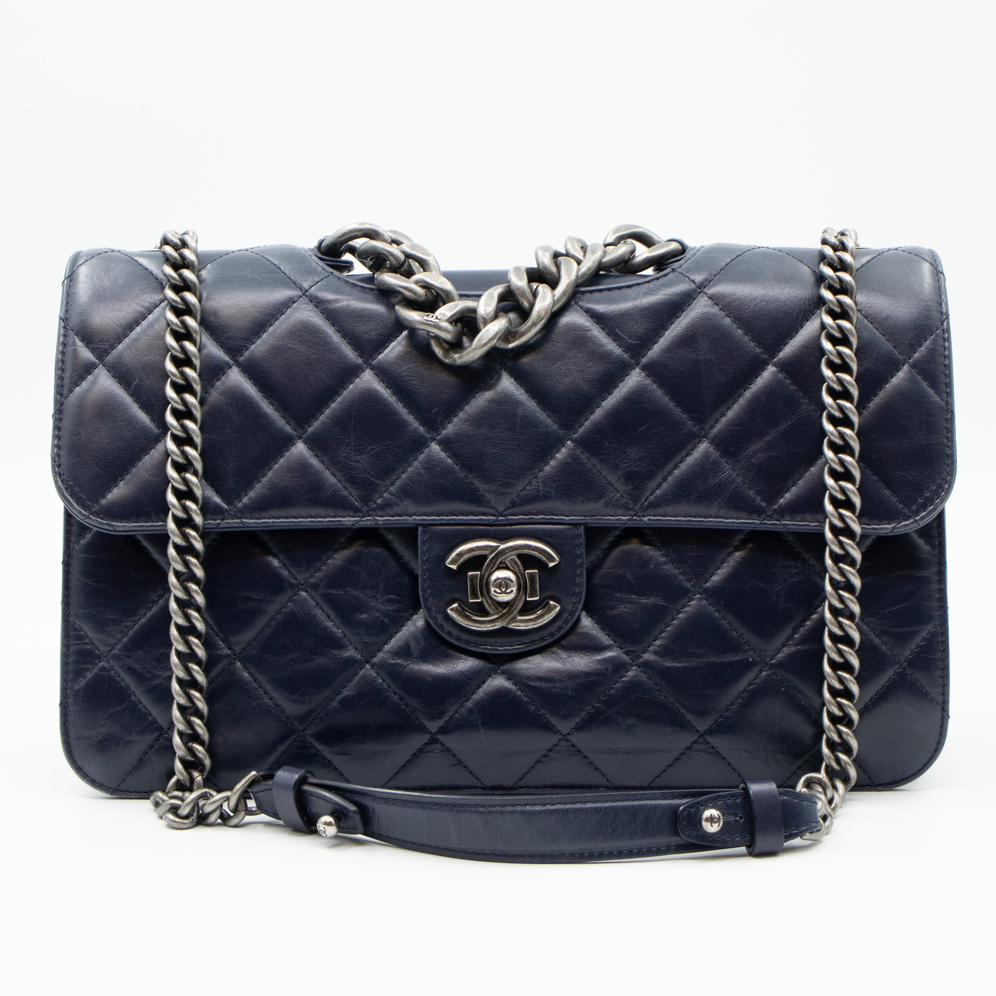 Perfect Edge Flap Large Navy Glazed Calfskin