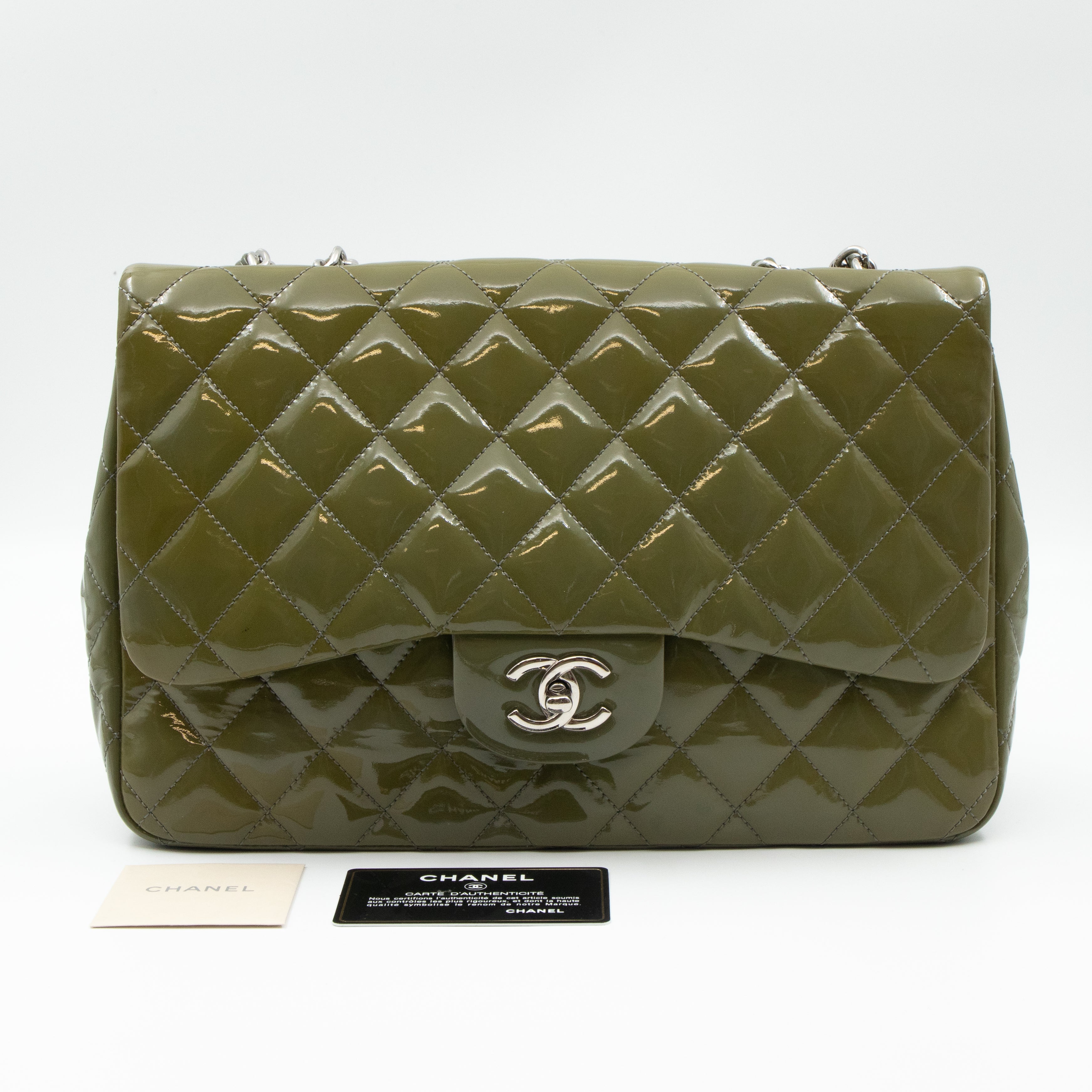 Classic Single Flap Jumbo Green Gray Patent Leather