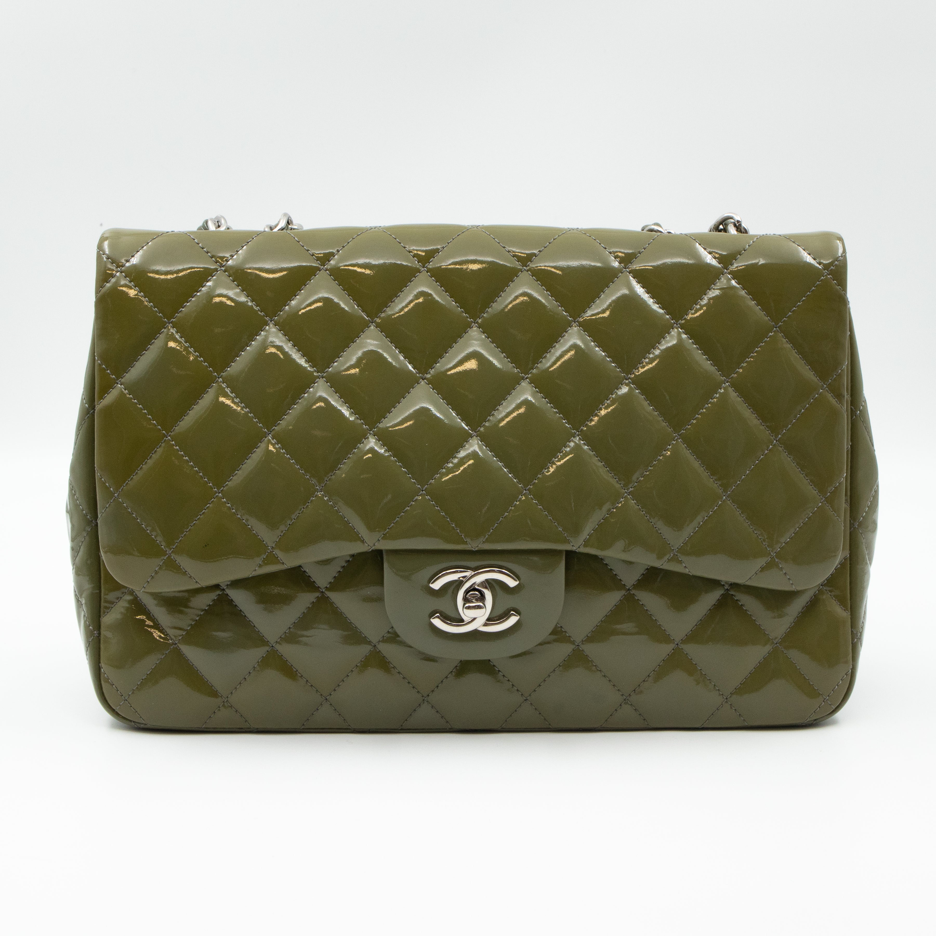 Classic Single Flap Jumbo Green Gray Patent Leather