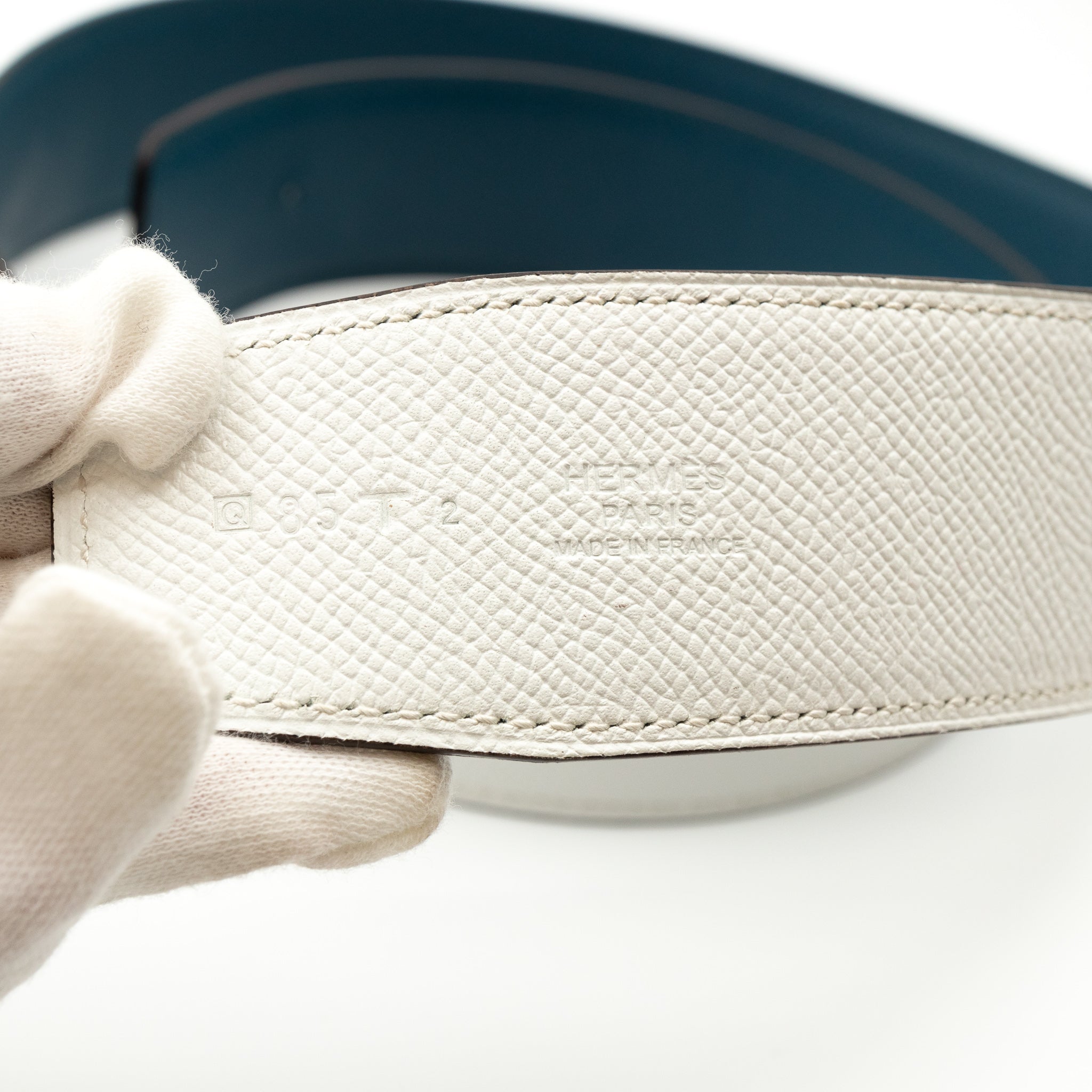 H Buckle Reversible Leather Belt 85 White & Blue
