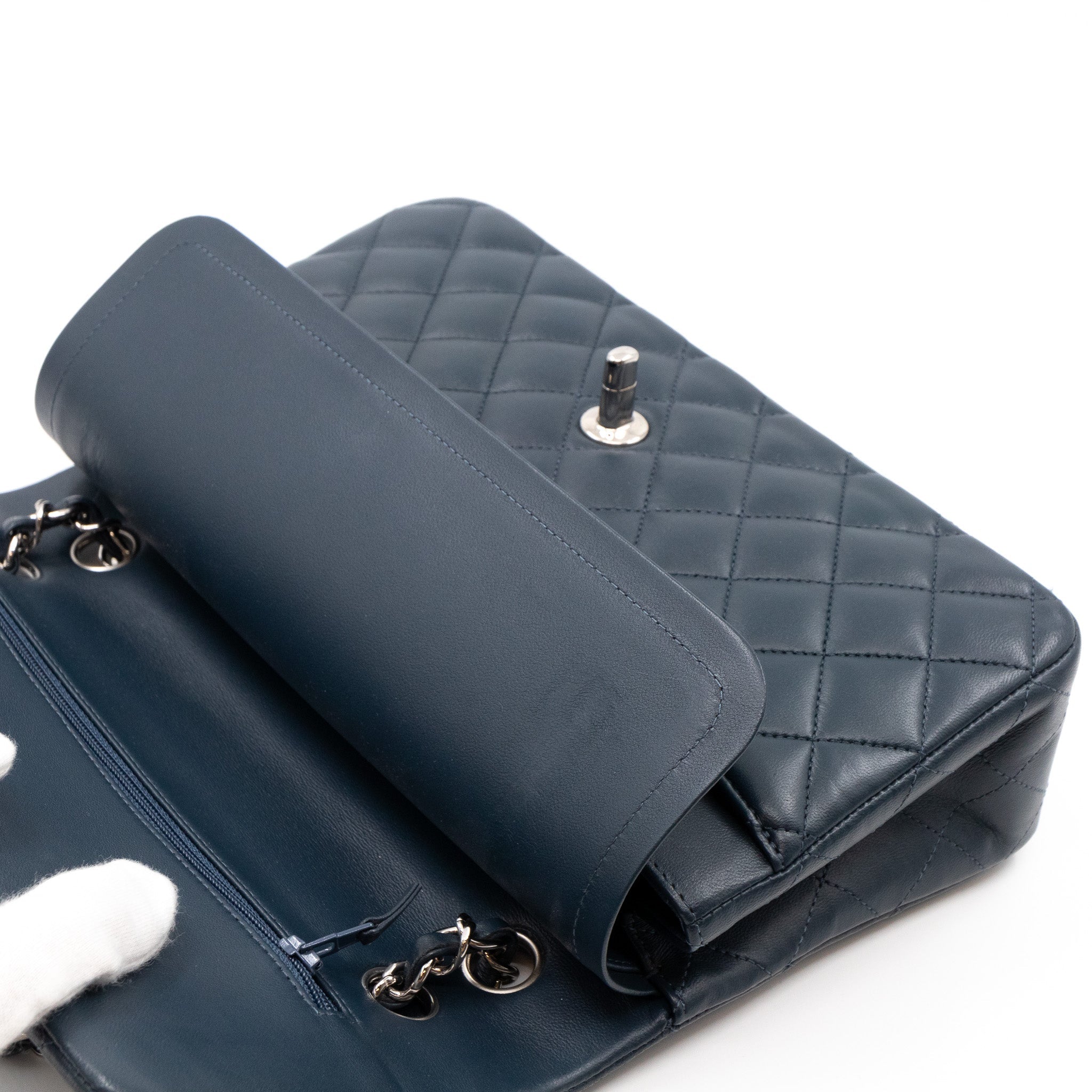 Classic Double Flap Bag Medium Navy Blue Leather Silver