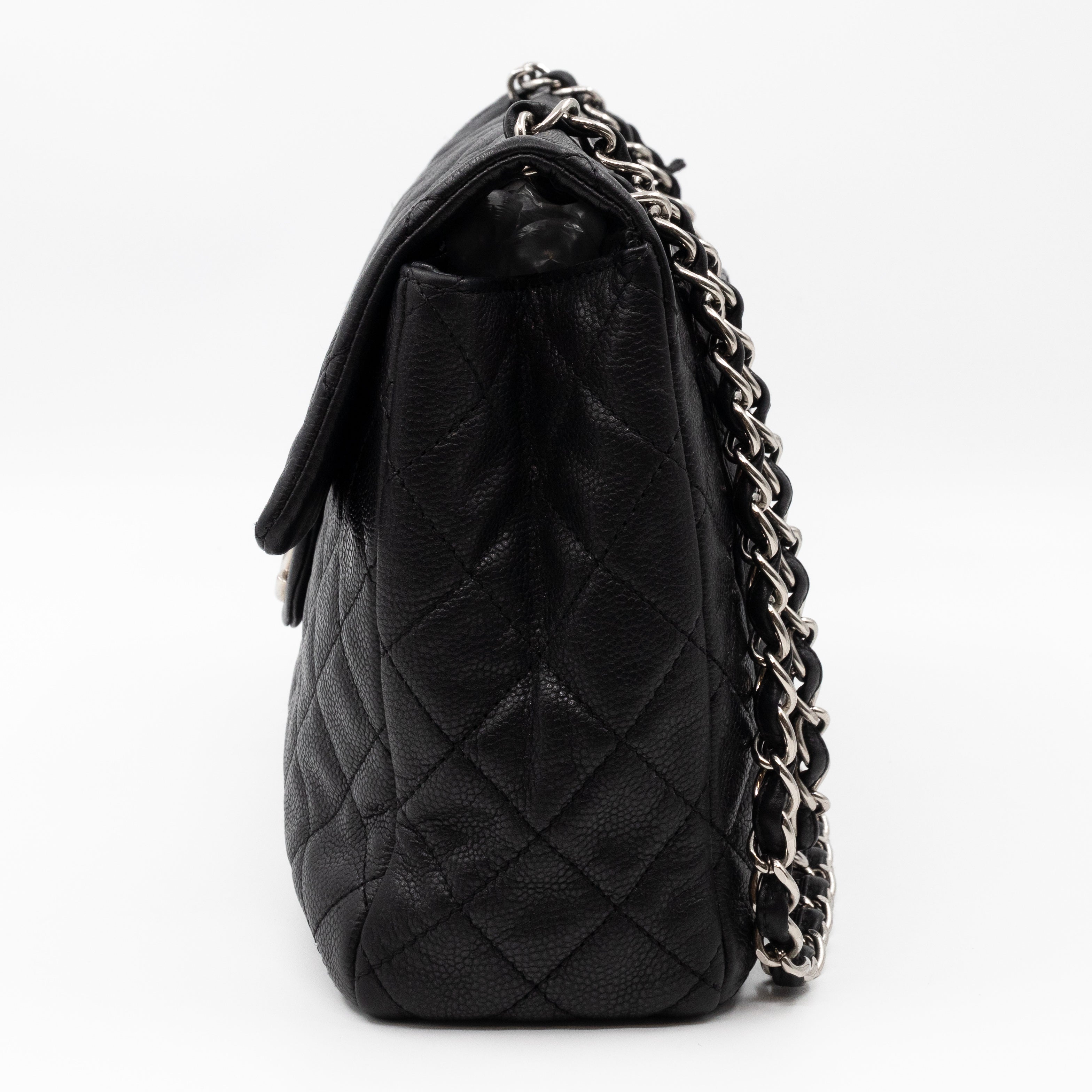 Single Flap Bag Black Caviar Silver