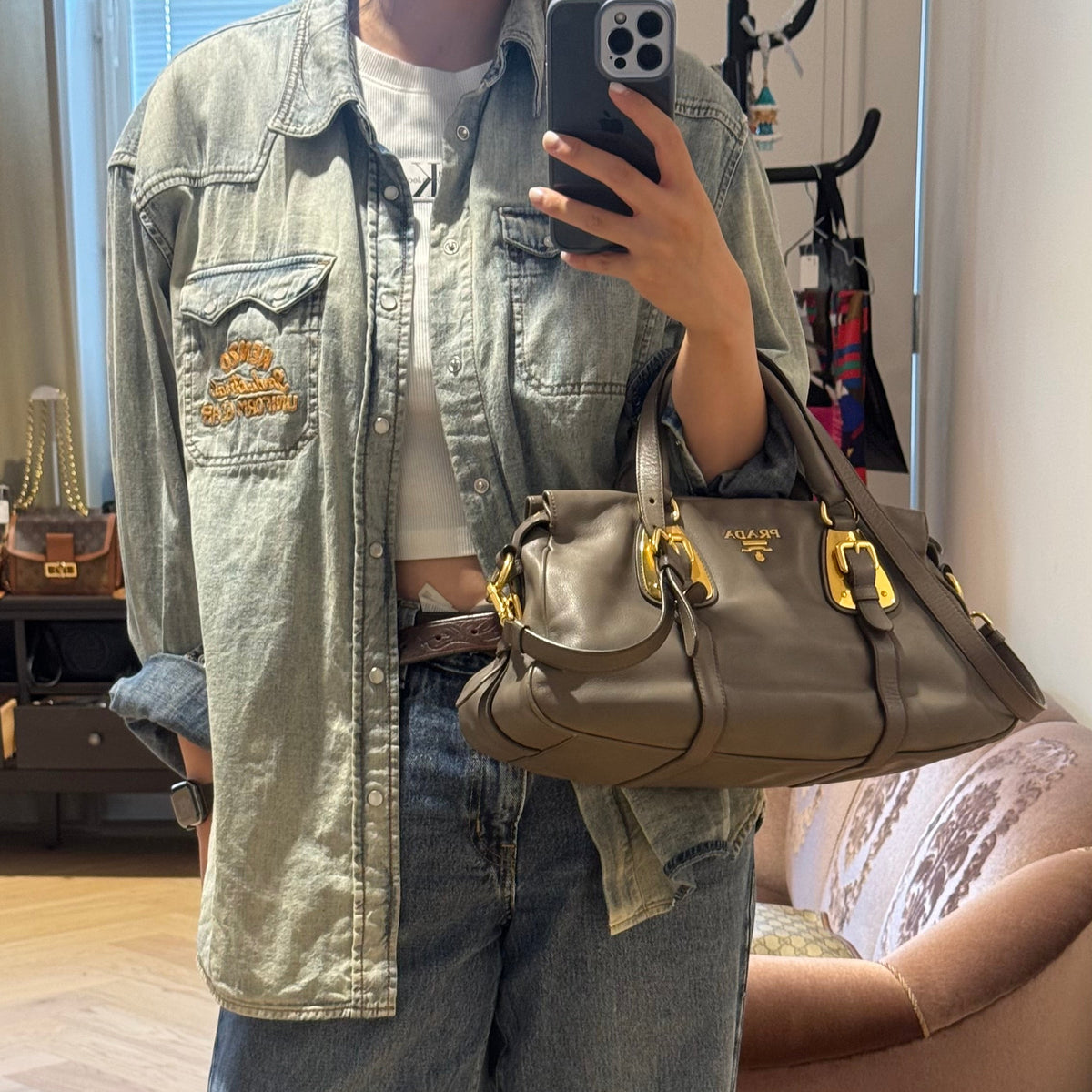 Shoulder Bag Grey Soft Calfskin Leather