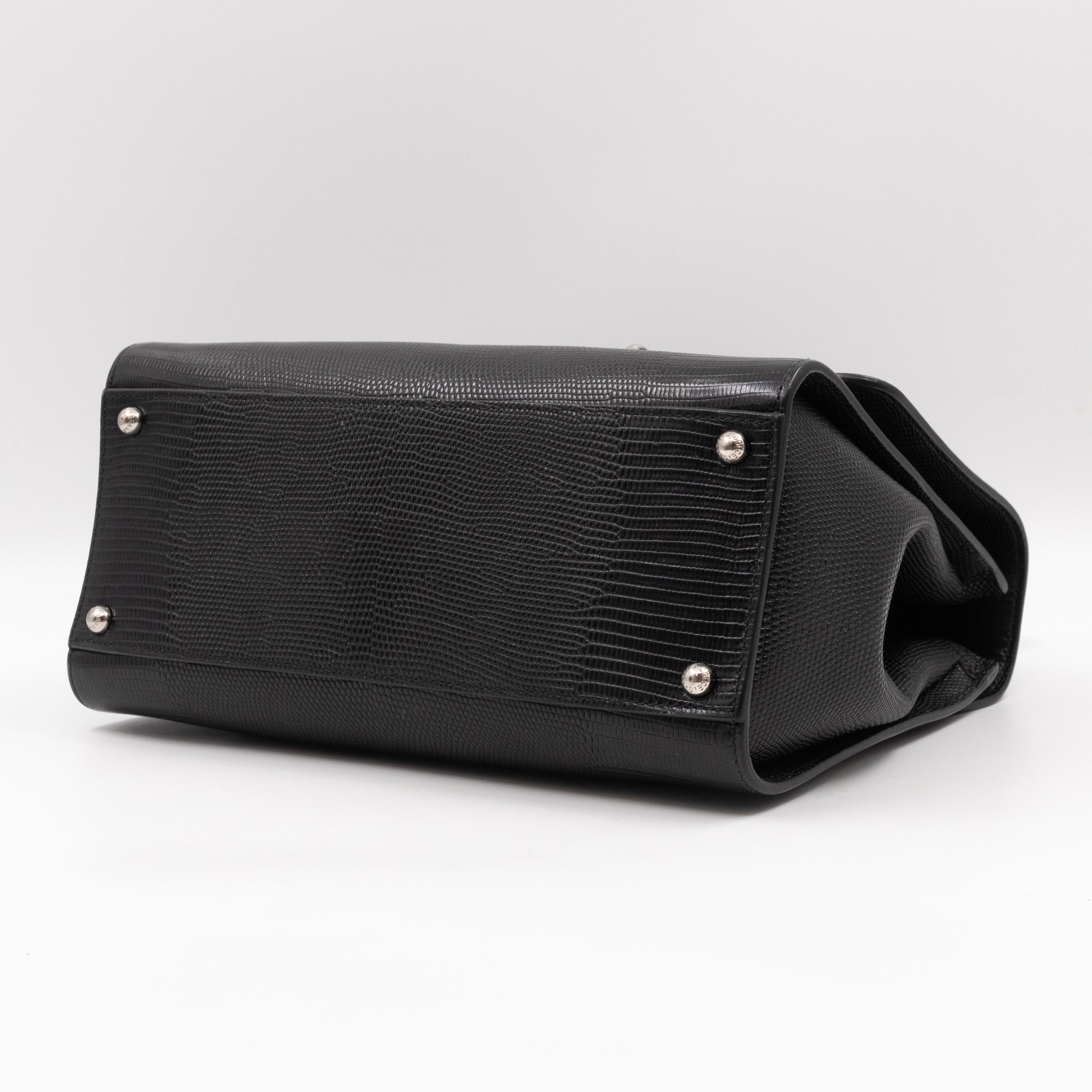 Miss Monica Top Handle Bag Lizard Embossed Leather Black