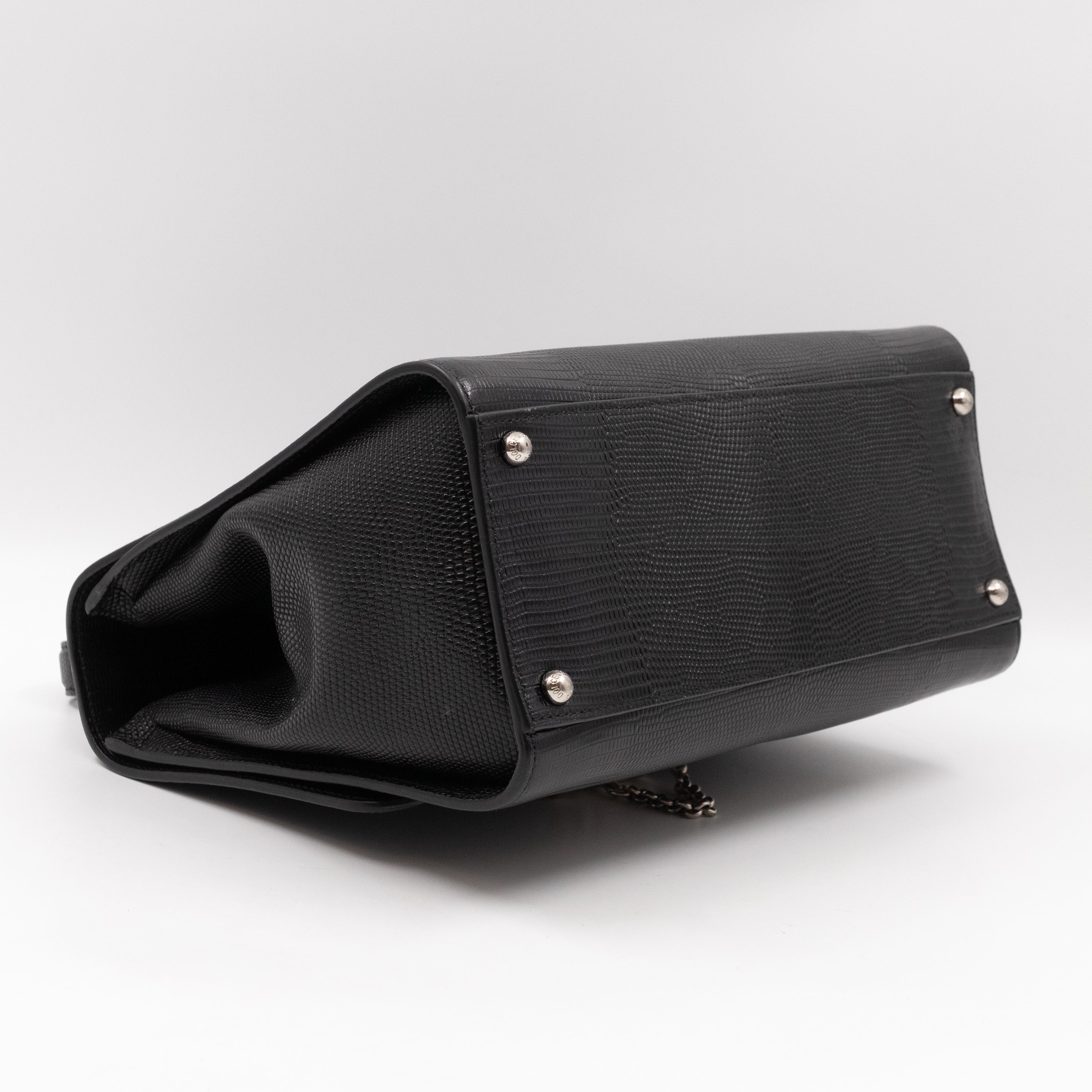 Miss Monica Top Handle Bag Lizard Embossed Leather Black