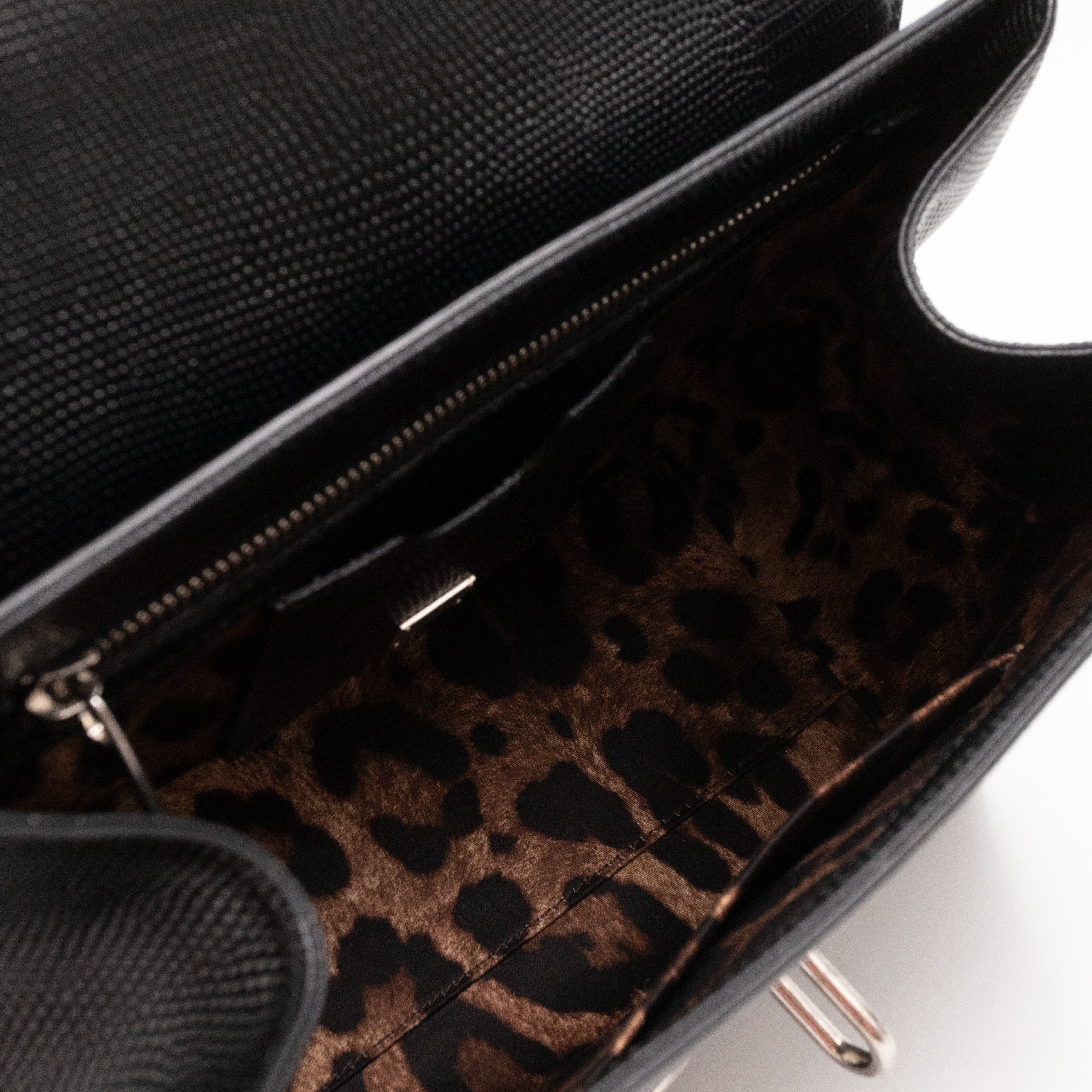 Miss Monica Top Handle Bag Lizard Embossed Leather Black