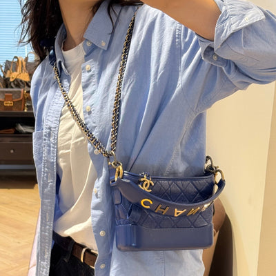 Gabrielle Hobo Small with Logo Handle Dark Blue Leather