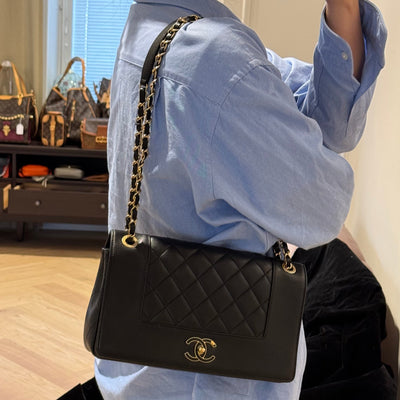 Mademoiselle Large Flap Bag Black Sheepskin Leather Gold