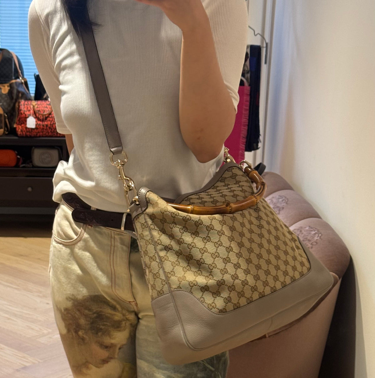 Diana Bamboo Handle Hobo Bag GG Canvas Grey Leather