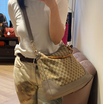 Diana Bamboo Handle Hobo Bag GG Canvas Grey Leather