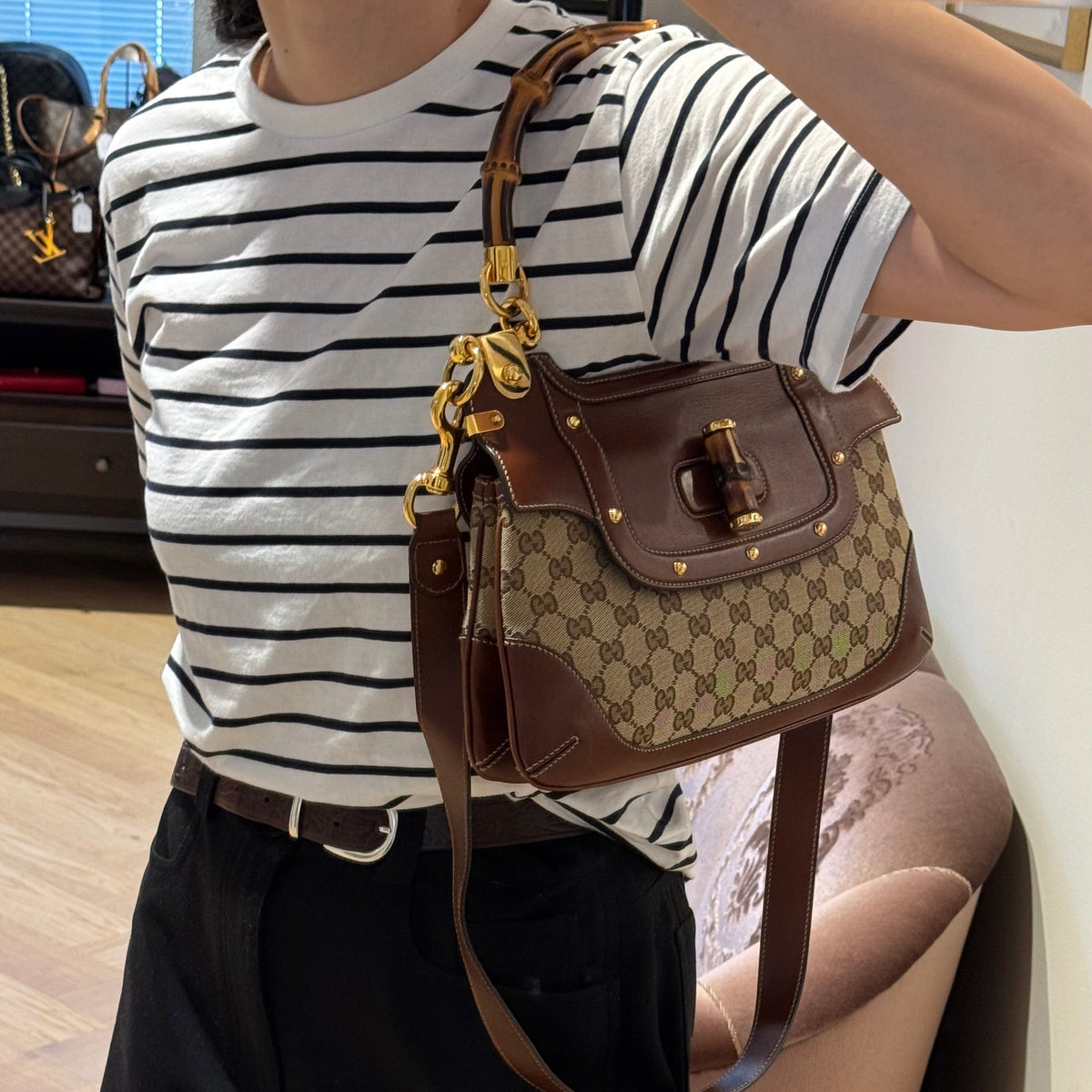 Peggy Bamboo Handle Shoulder Bag GG Canvas Brown