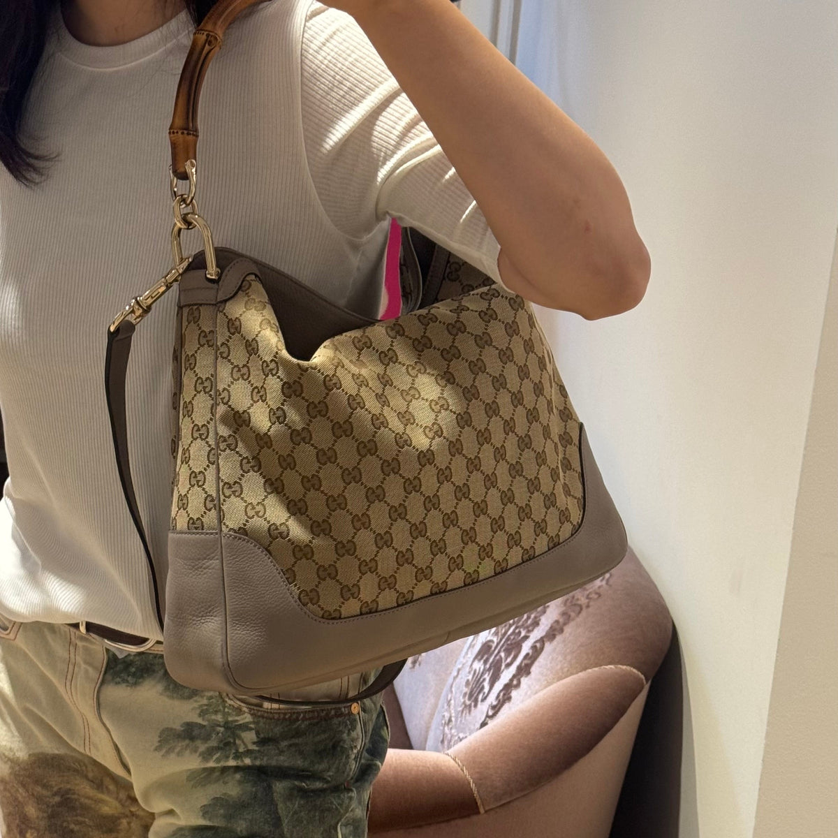 Diana Bamboo Handle Hobo Bag GG Canvas Grey Leather