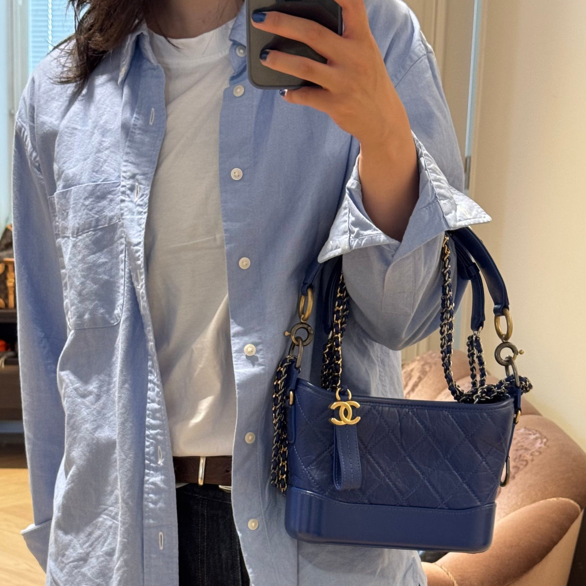 Gabrielle Hobo Small with Logo Handle Dark Blue Leather