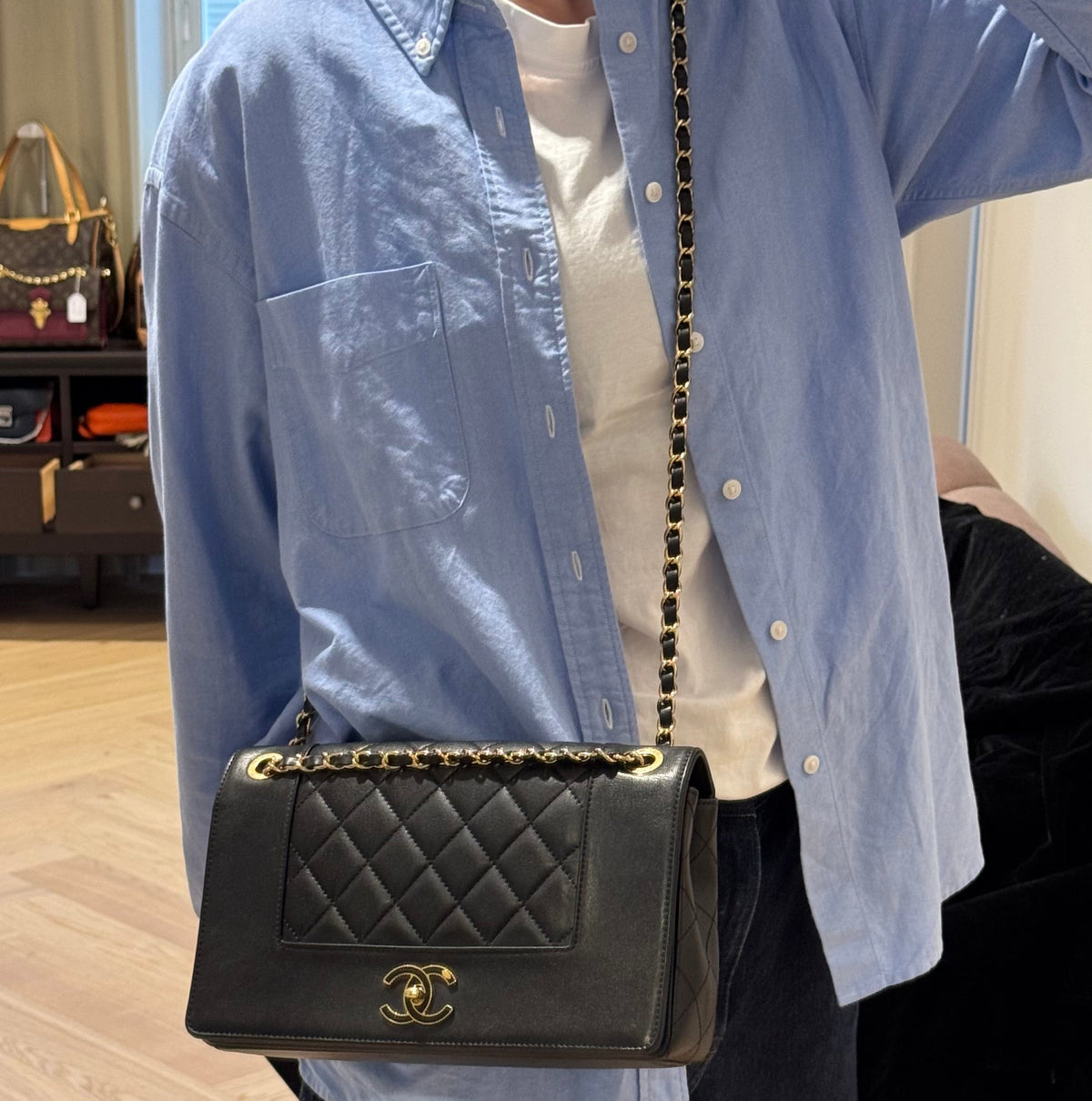 Mademoiselle Large Flap Bag Black Sheepskin Leather Gold