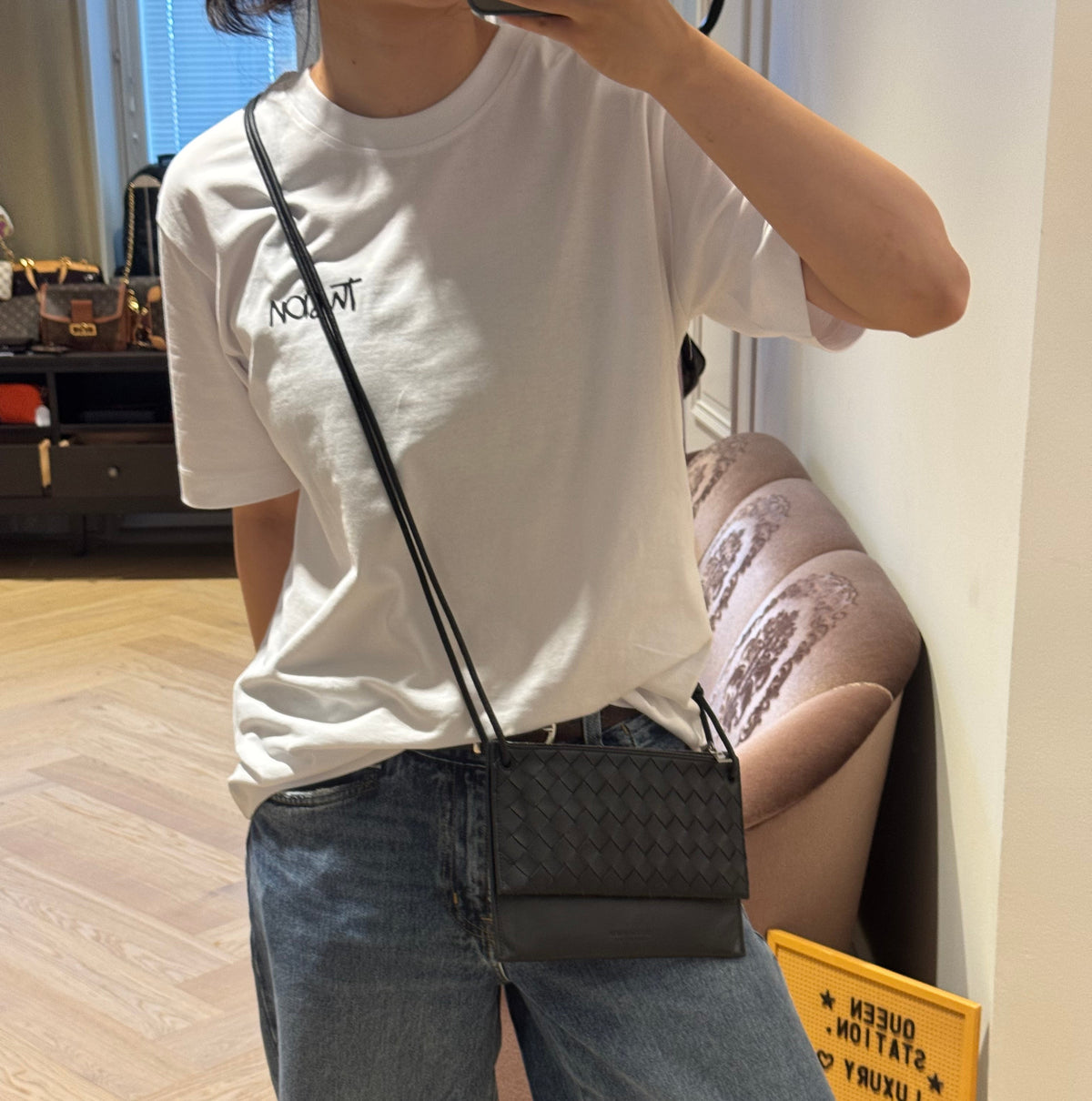 Double Pouch Crossbody Bag Black Intrecciato Leather