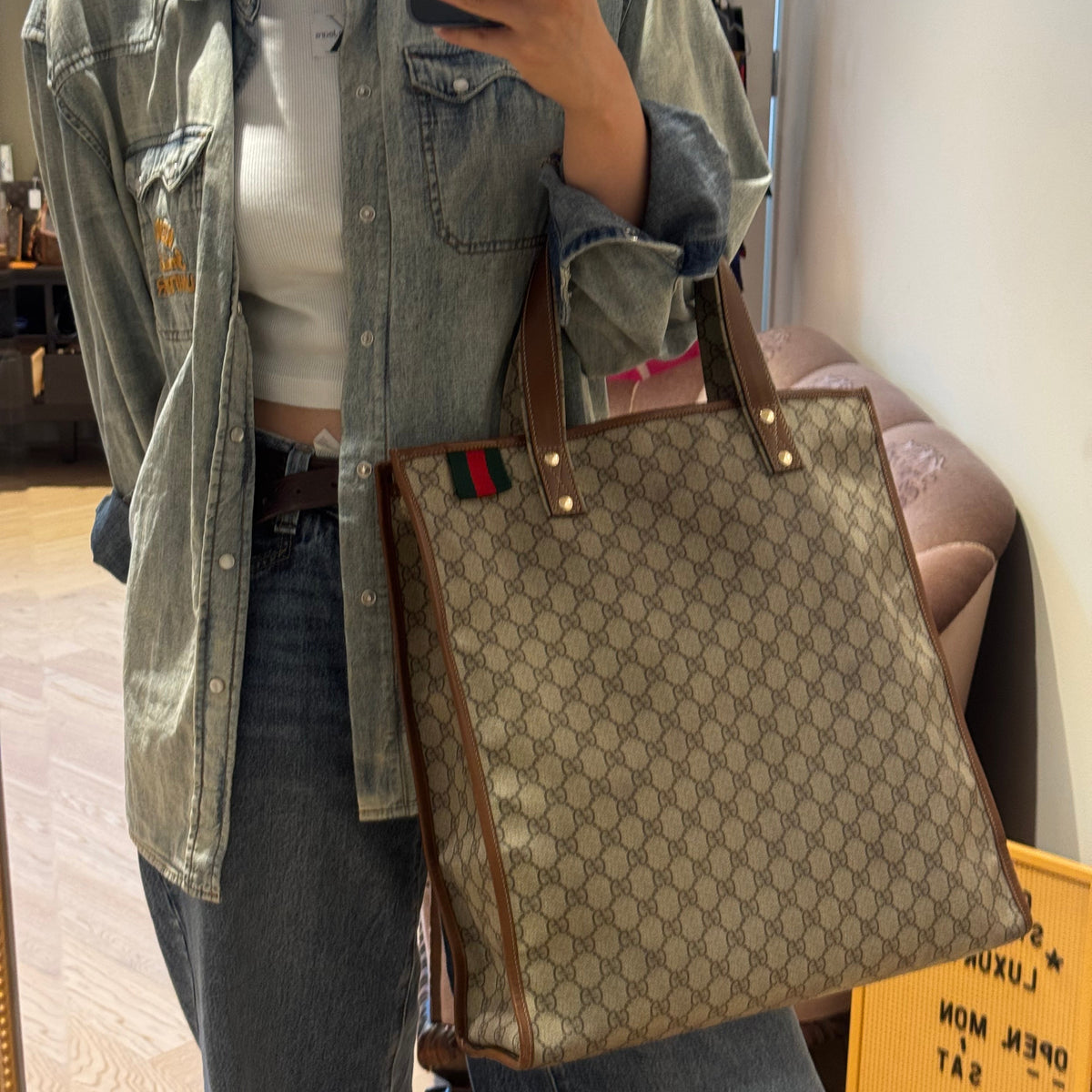 Web Loop Tote Large GG Supreme Canvas Brown