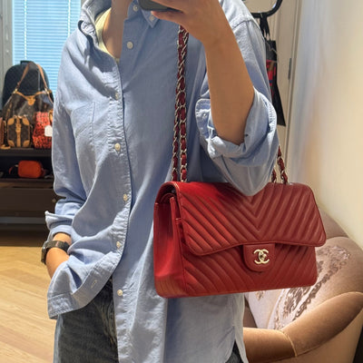 Classic Double Flap Jumbo Red Chevron Caviar Silver