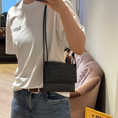 Double Pouch Crossbody Bag Black Intrecciato Leather