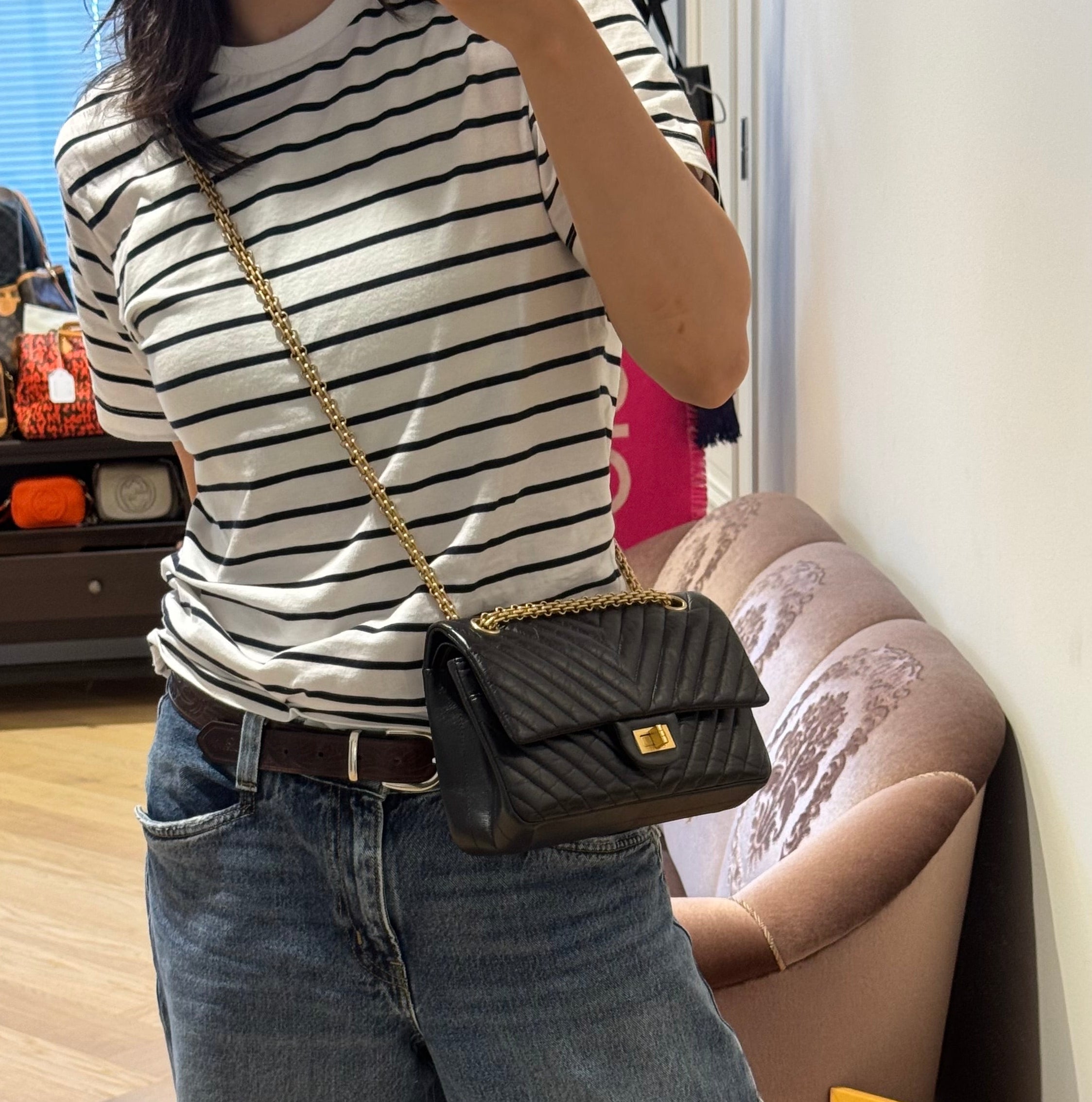 2.55 Reissue 225 Double Flap Bag Chevron Black Leather