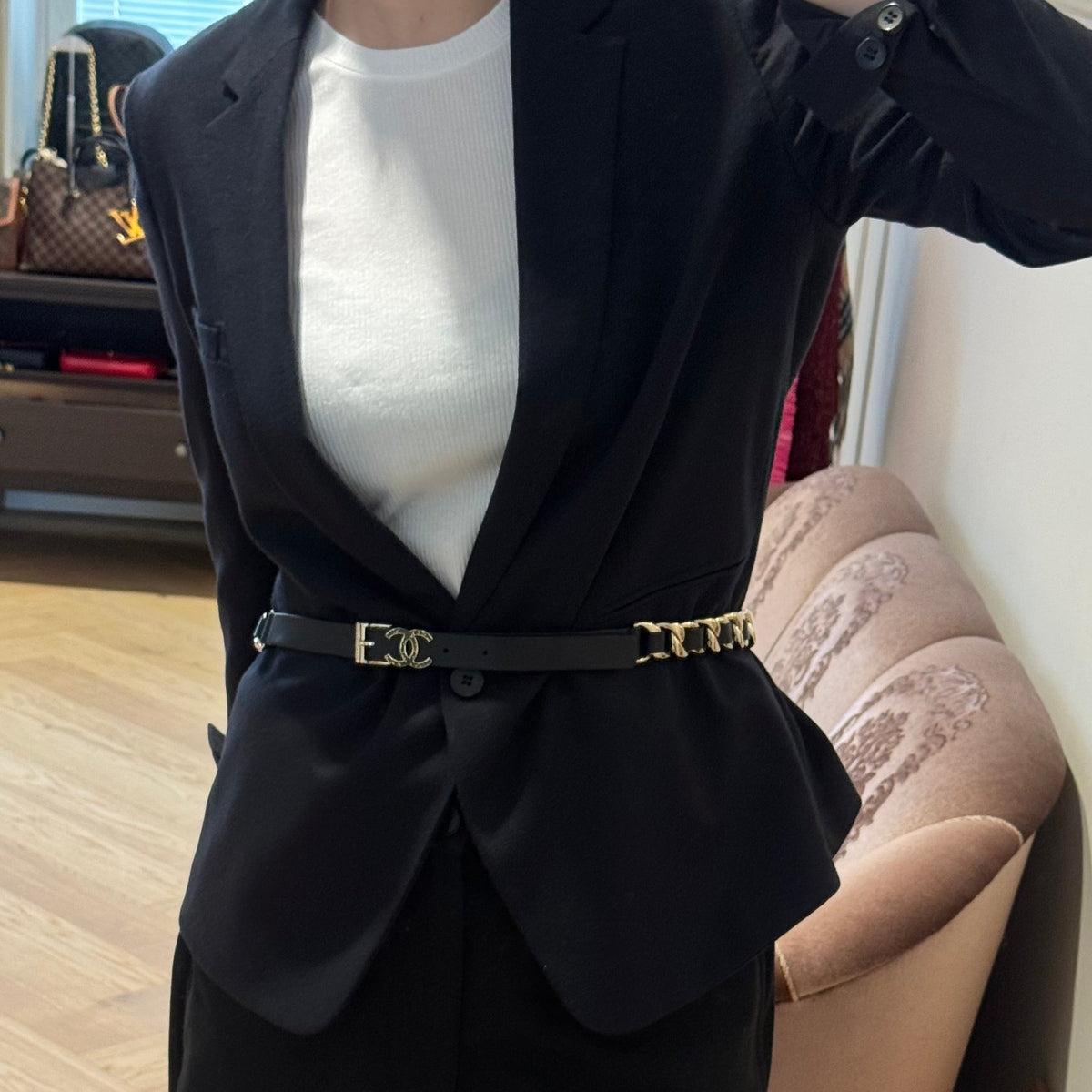 Chain Braided Belt Black Leather 90 cm