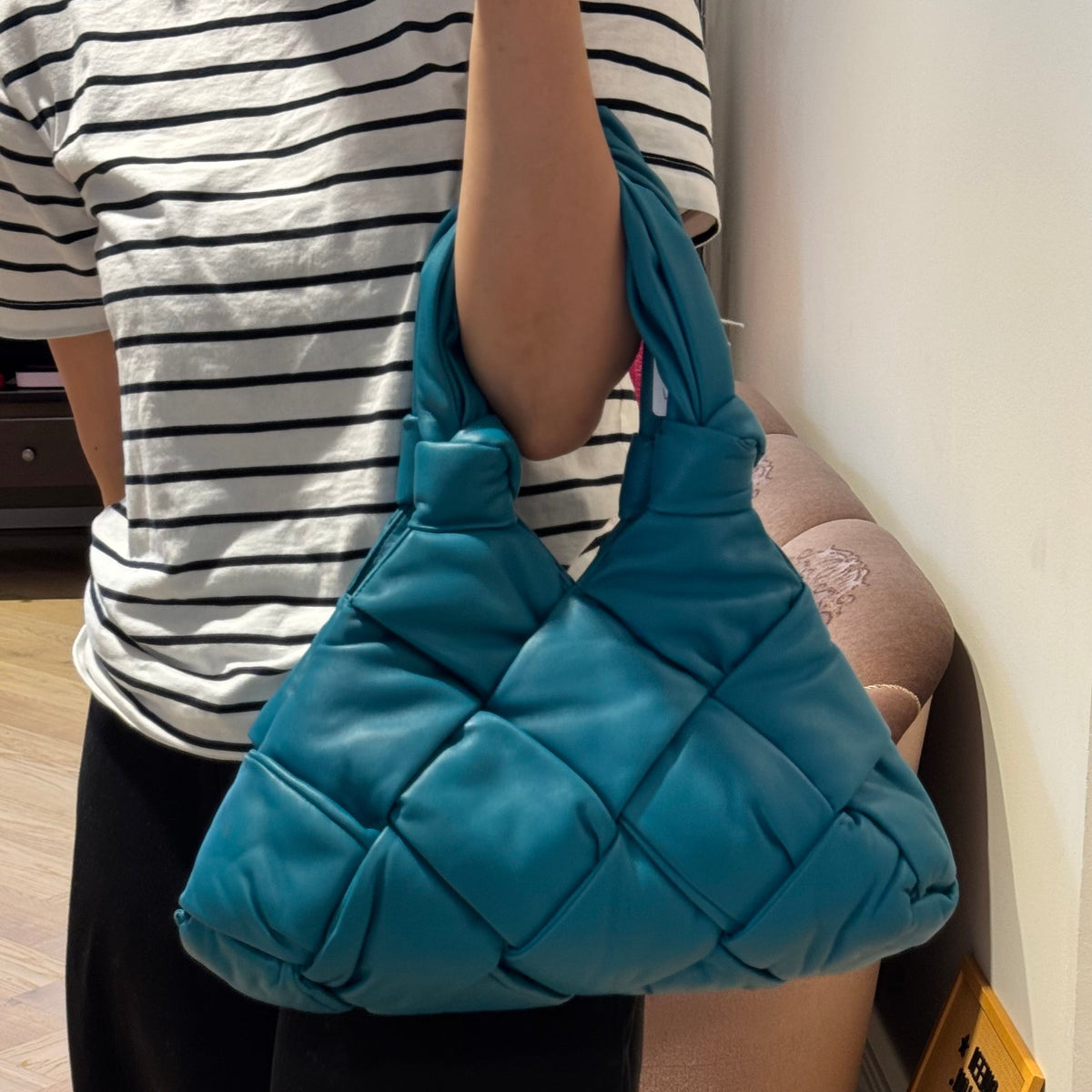 Padded Lock Intrecciato Supple Tote Blaster Blue Leather