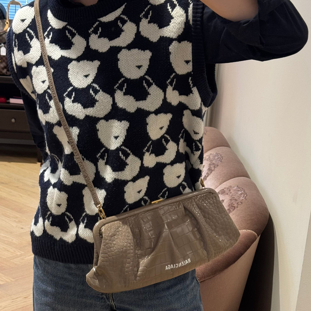 Cloud XL Clutch Bag Beige Croc Embossed Patent Leather