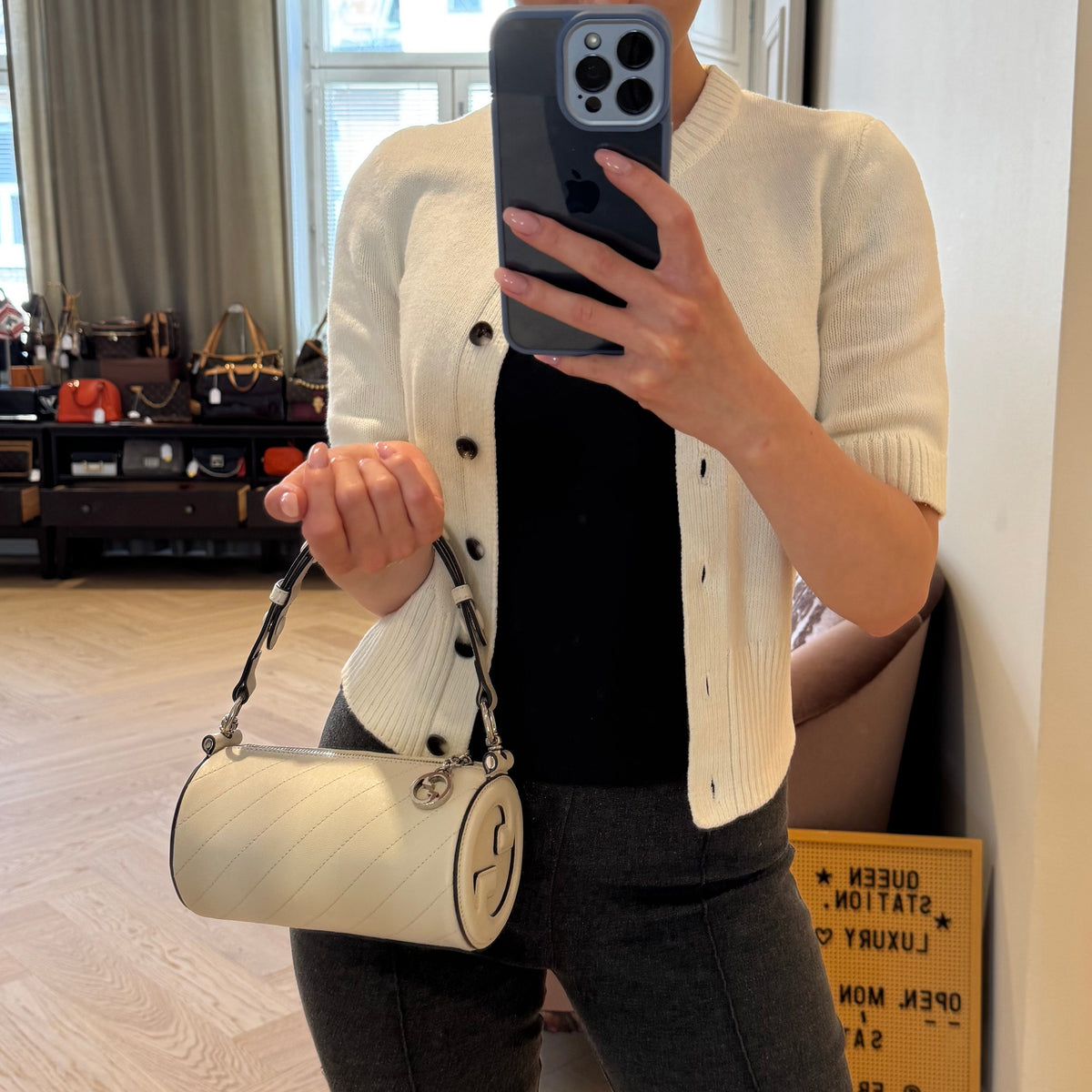 Mini Blondie Shoulder Bag White Diagonal Quilted Leather