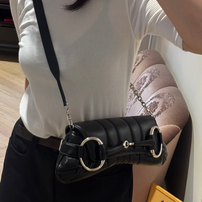 Horsebit Chain Medium Shoulder Bag Black Quilted Lambskin Leather