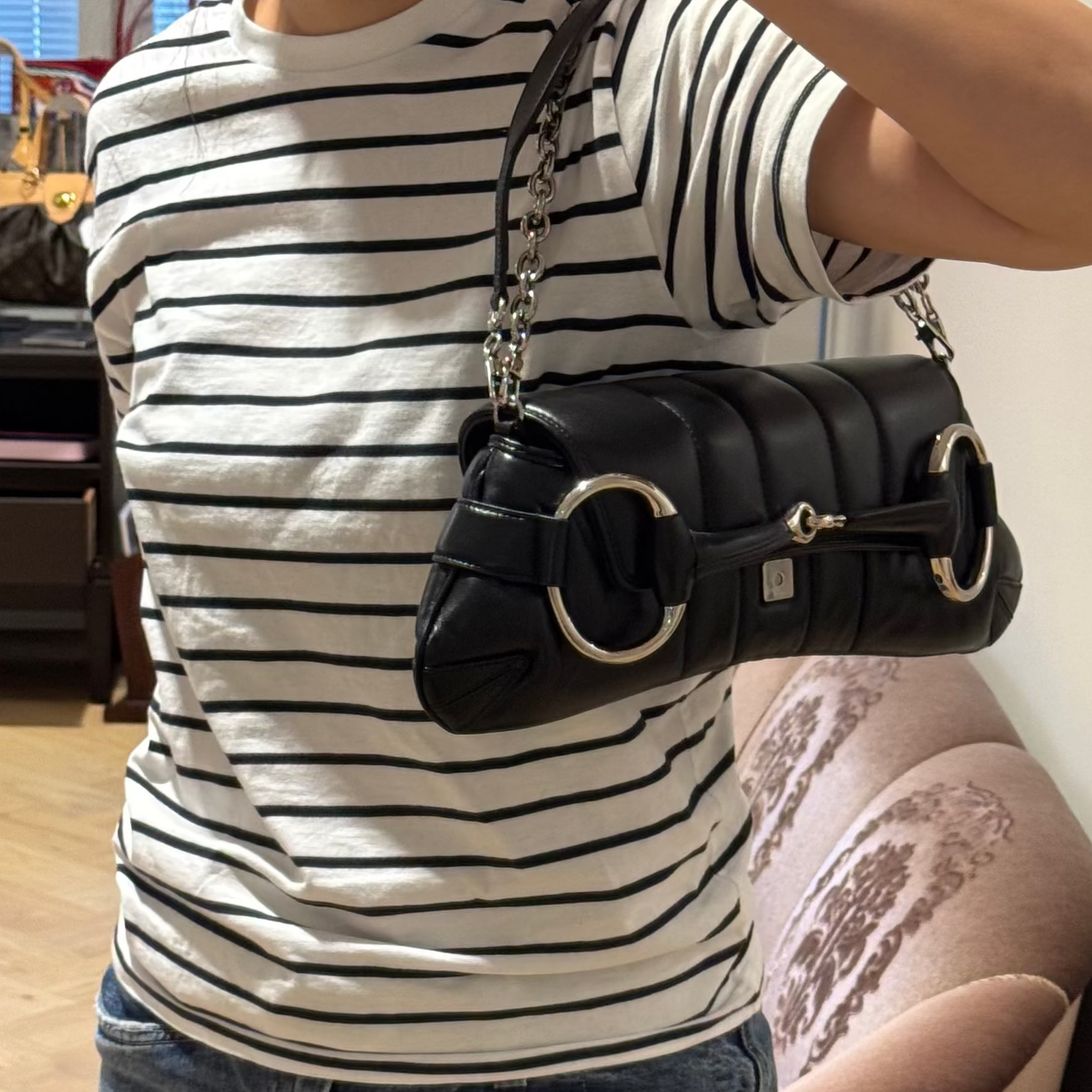 Horsebit Chain Medium Shoulder Bag Black Quilted Lambskin Leather