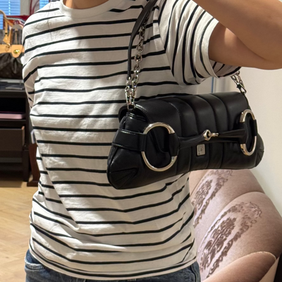Horsebit Chain Medium Shoulder Bag Black Quilted Lambskin Leather
