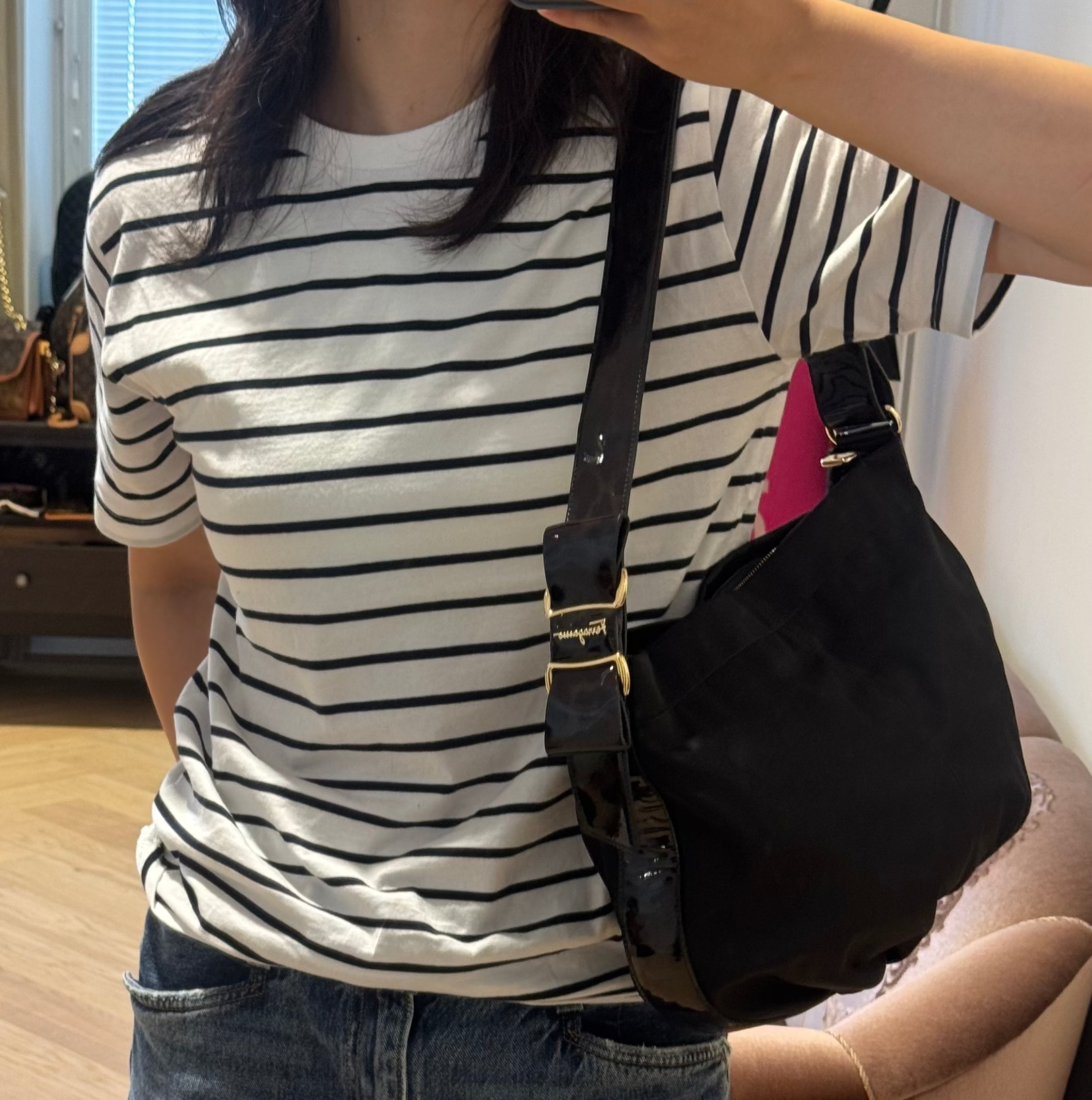 Shoulder Bag Black Nylon & Patent Leather