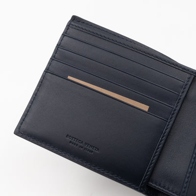 Classic Bifold Wallet Navy Blue Intrecciato Leather