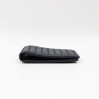 Classic Bifold Wallet Navy Blue Intrecciato Leather