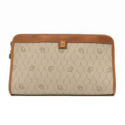 Vintage Small Cosmetic Case Honeycomb Canvas Tan Leather