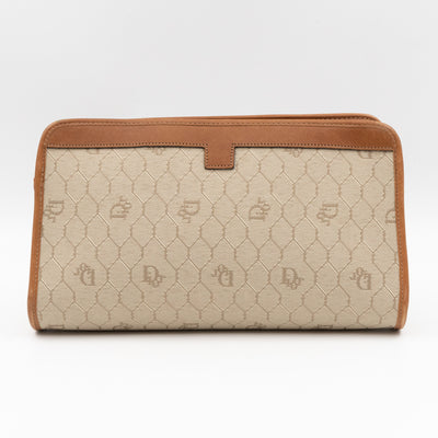 Vintage Small Cosmetic Case Honeycomb Canvas Tan Leather